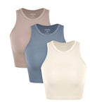 3-Pack Seamless Ribbed High Neck Cropped Tank Tops Ivory+Dusty Blue+Sphinx - ododos