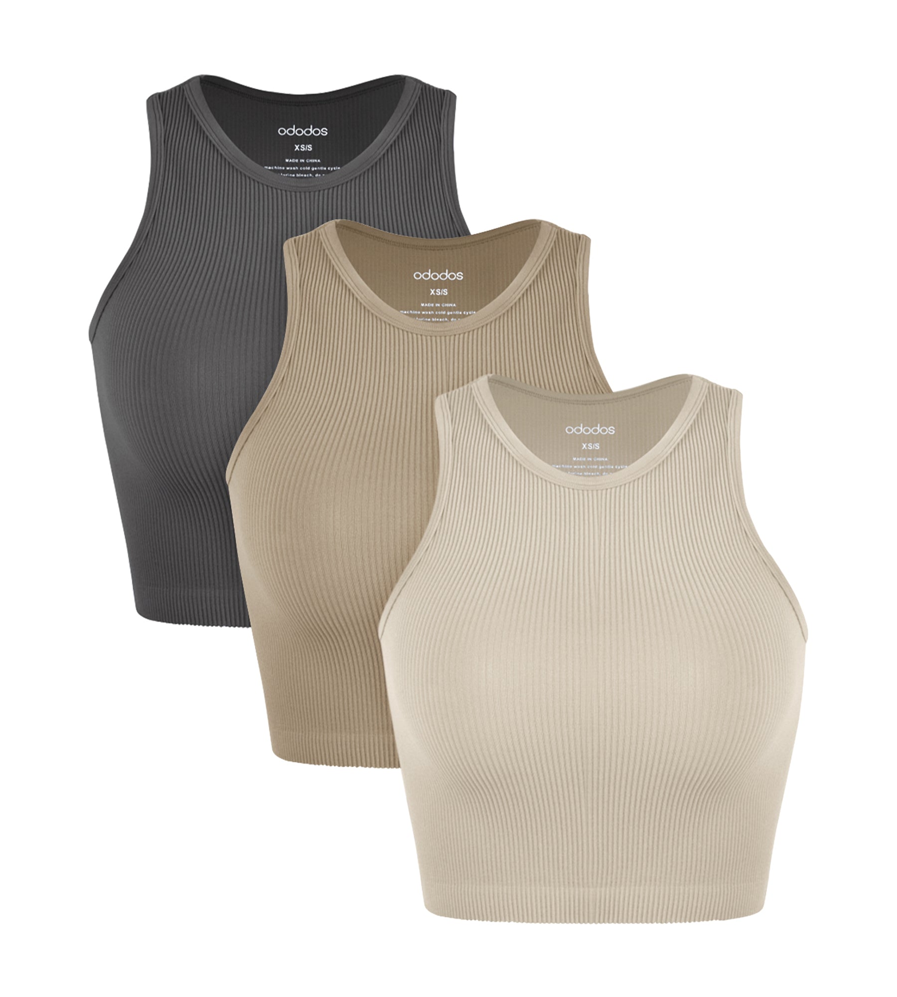 3-Pack Seamless Ribbed High Neck Cropped Tank Tops Mushroom+Taupe+Charcoal - ododos