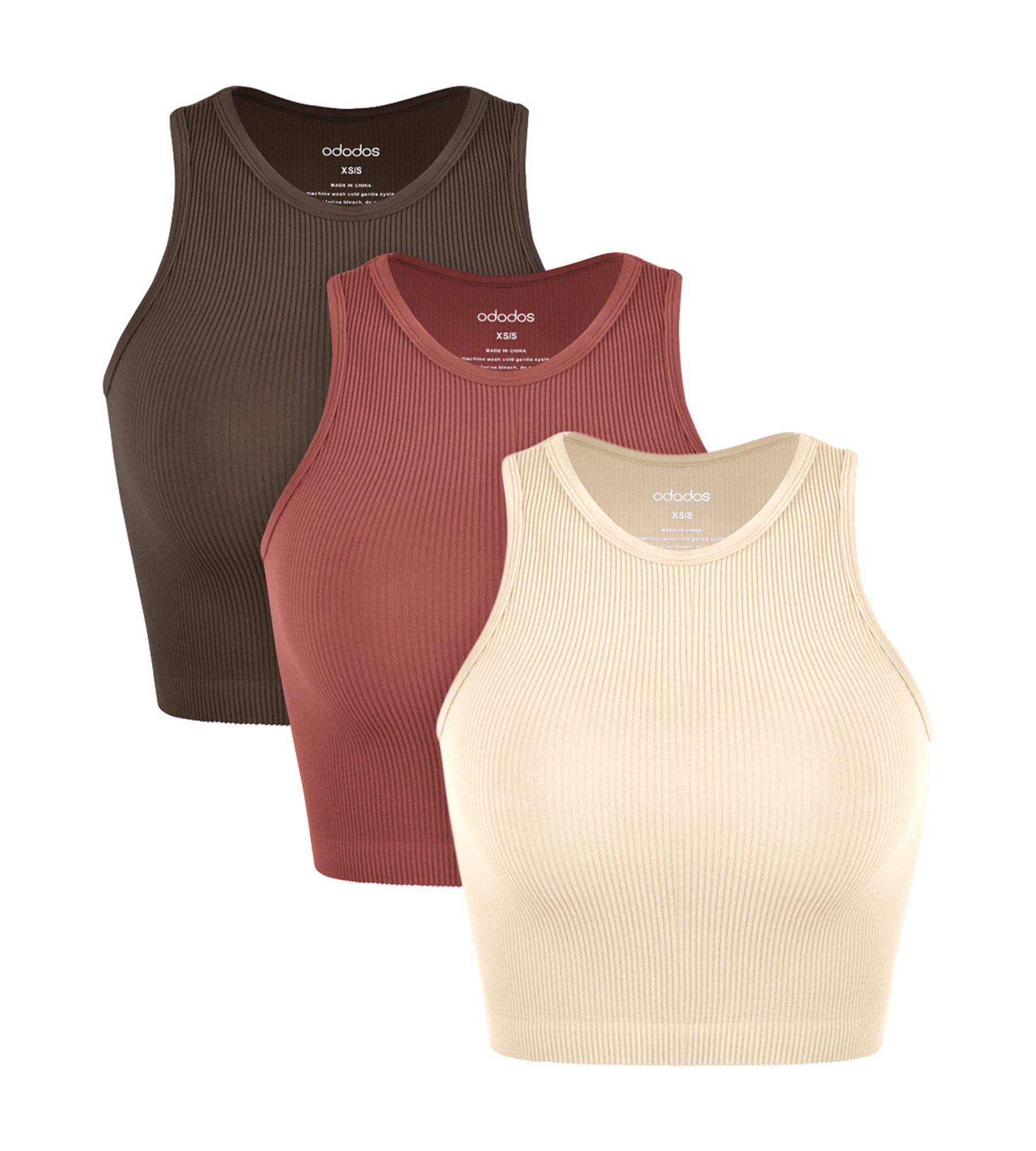 3-Pack Seamless Ribbed High Neck Cropped Tank Tops Oatmeal+Barn Red+Brunette - ododos