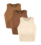 3-Pack Seamless Ribbed High Neck Cropped Tank Tops Ochre+Clay+Oatmeal - ododos