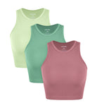 3-Pack Seamless Ribbed High Neck Cropped Tank Tops Watermelon+Emerald+Mint - ododos