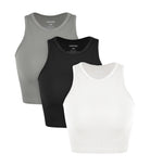 3-Pack Seamless Ribbed High Neck Cropped Tank Tops White+Black+Gray - ododos