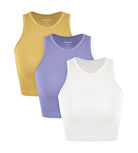 3-Pack Seamless Ribbed High Neck Cropped Tank Tops White+Purple+Yellow - ododos