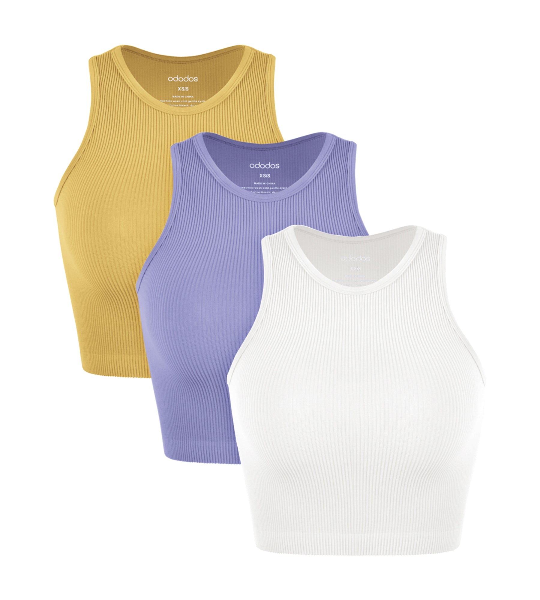 3-Pack Seamless Ribbed High Neck Cropped Tank Tops White+Purple+Yellow - ododos