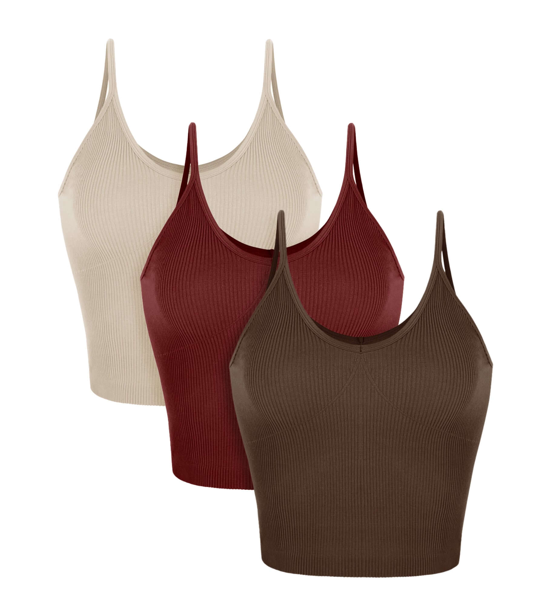 3-Pack V-Neck Seamless Crop Tank Mushroom+Claret+Brunette - ododos