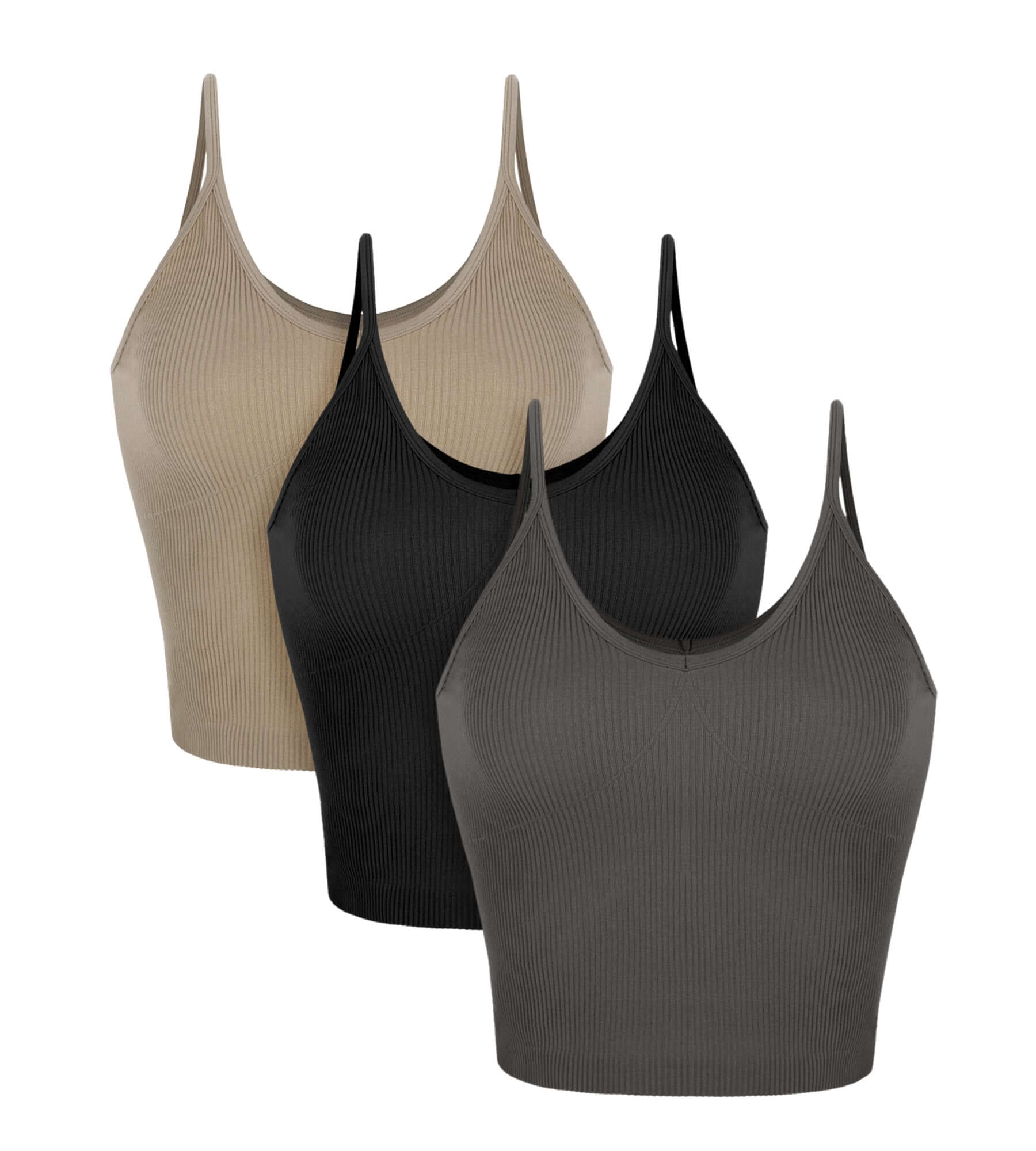 3-Pack V-Neck Seamless Crop Tank Taupe+Black+Charcoal - ododos