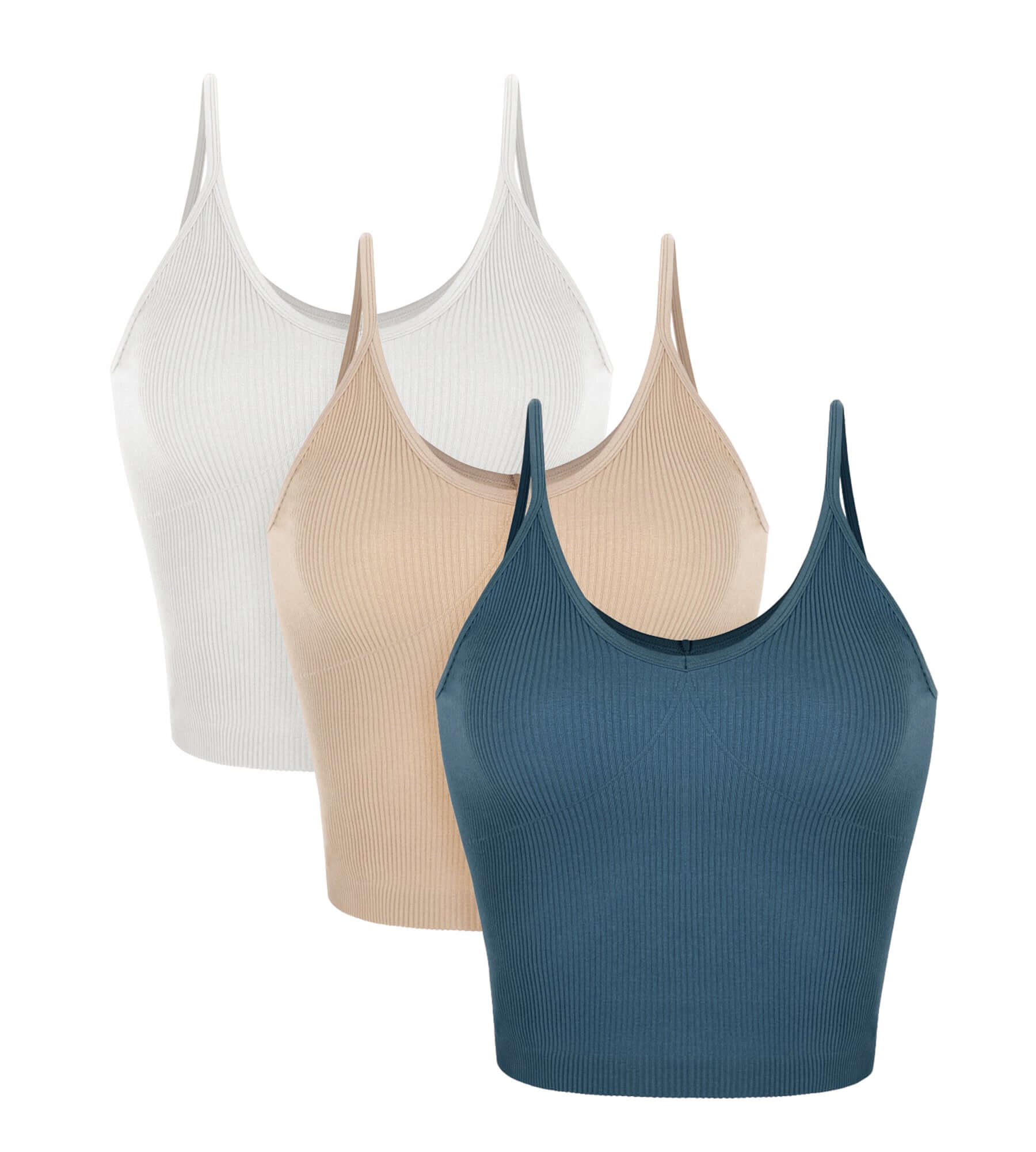 3-Pack V-Neck Seamless Crop Tank White+Beige+Ocean - ododos