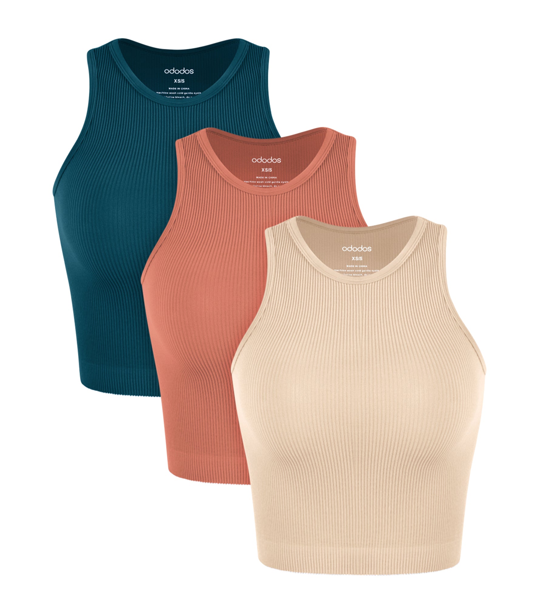 3-Pack Seamless Ribbed High Neck Tank Tops Beige+Coral+Teal - ododos