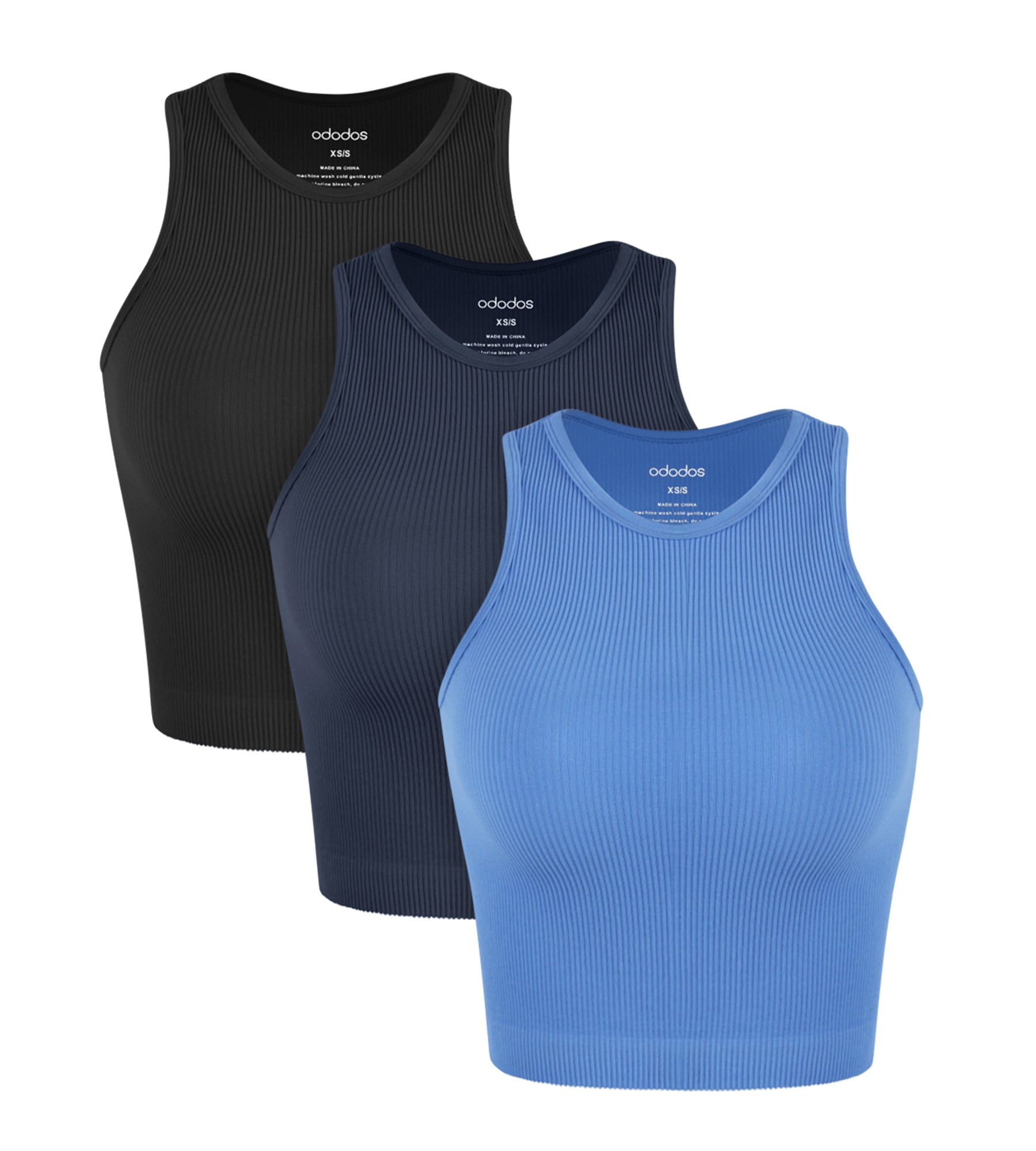 3-Pack Seamless Ribbed High Neck Tank Tops Black+Navy+Blue - ododos