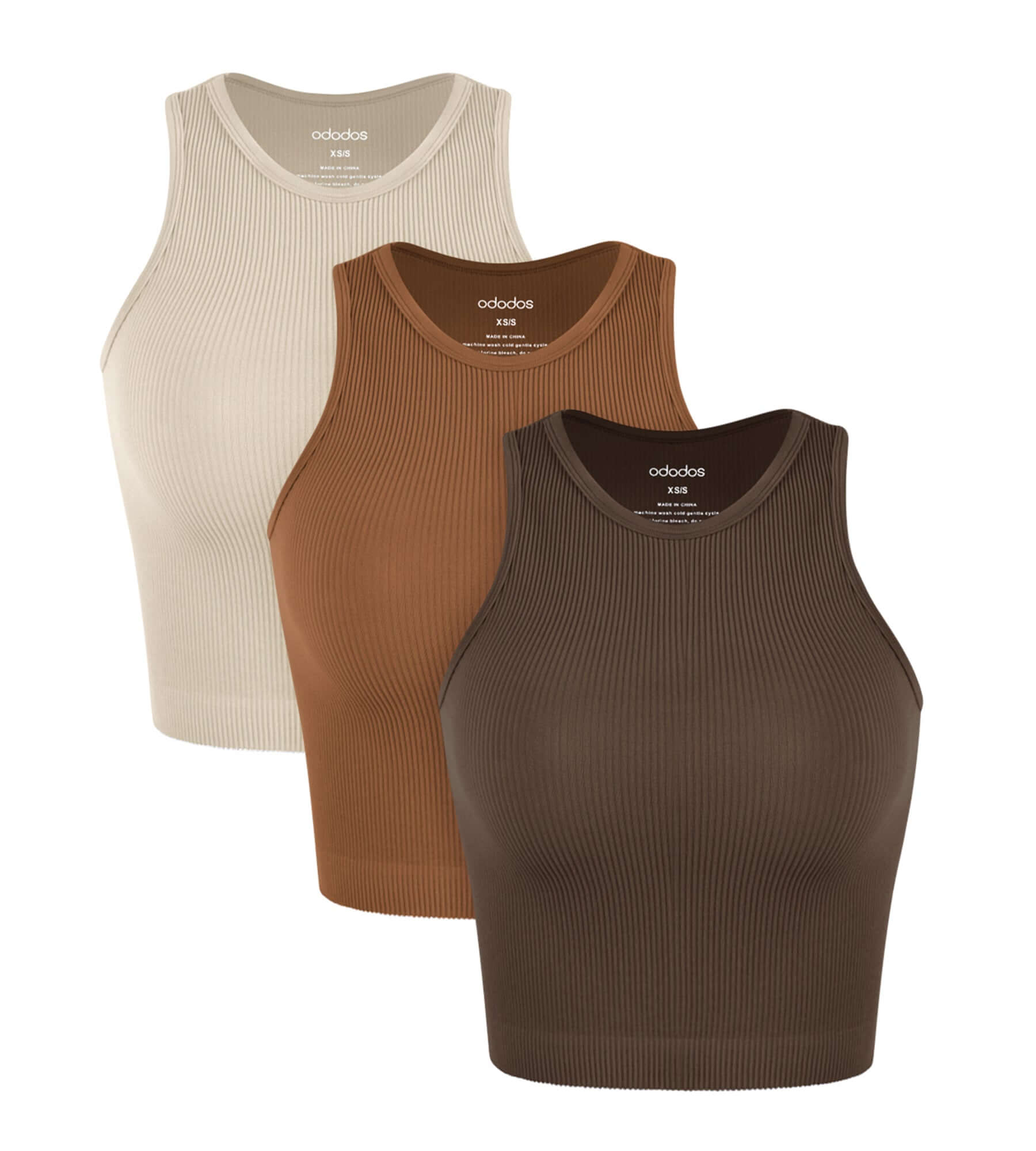 3-Pack Seamless Ribbed High Neck Tank Tops Brunette+Clay+Mushroom - ododos