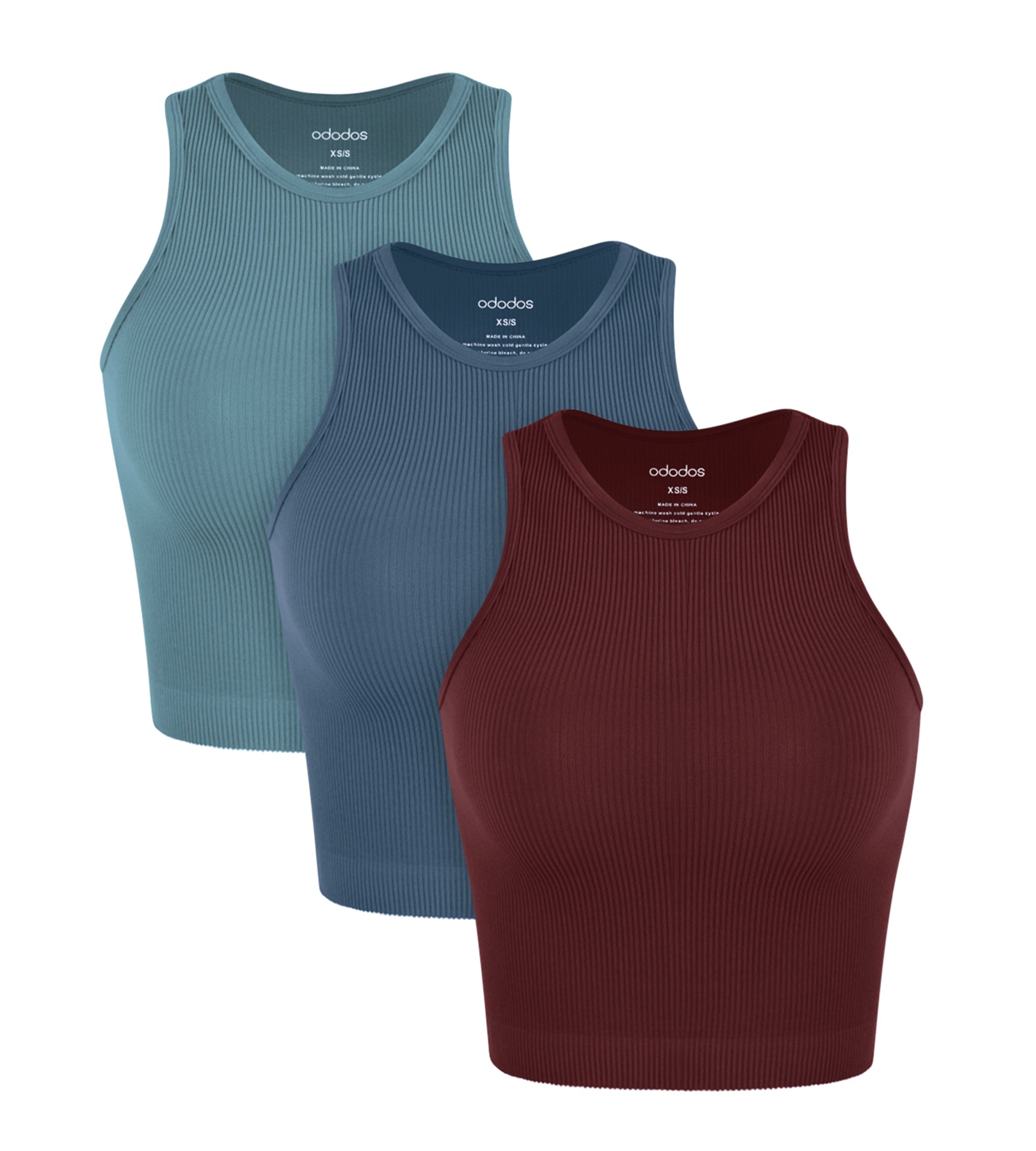 3-Pack Seamless Ribbed High Neck Tank Tops Claret+Ocean+Sky Blue - ododos