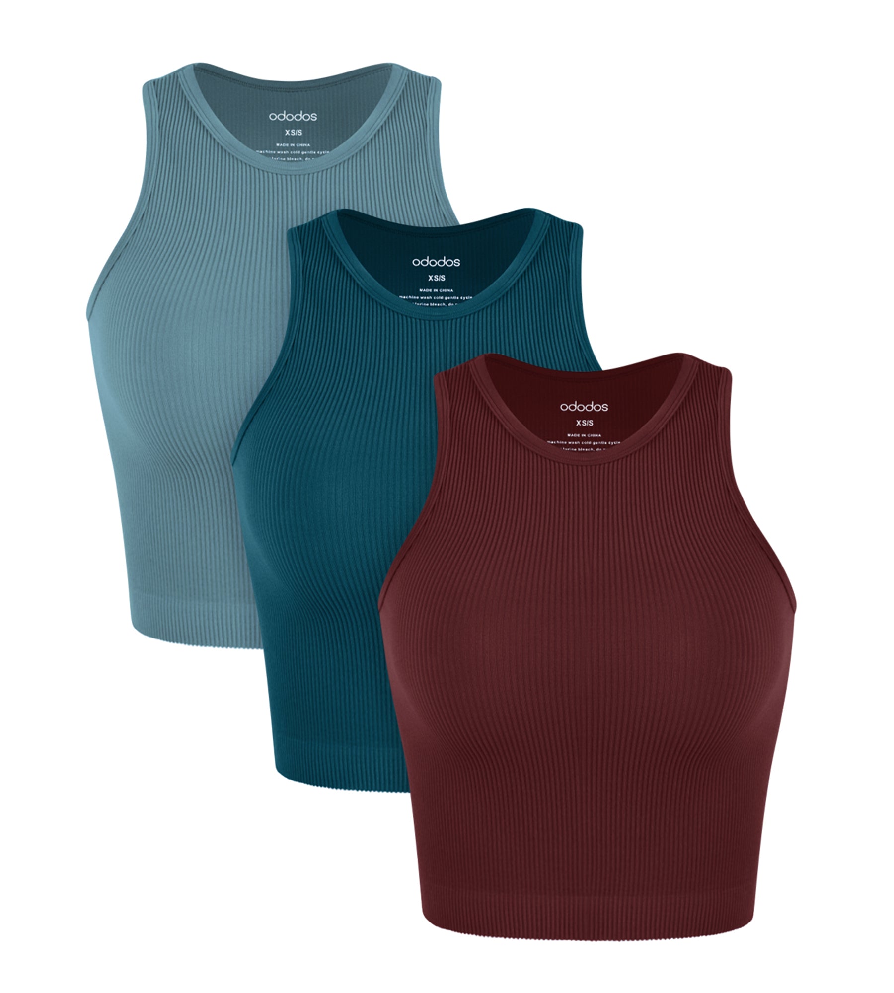 3-Pack Seamless Ribbed High Neck Tank Tops Claret+Teal+Sky Blue - ododos