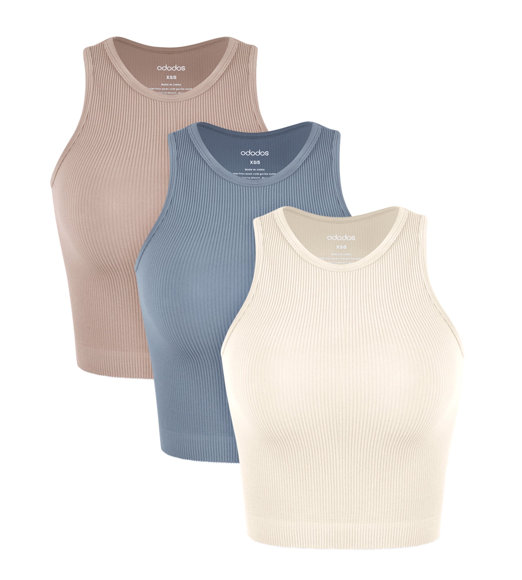 3-Pack Seamless Ribbed High Neck Tank Tops Ivory+Dusty Blue+Sphinx - ododos