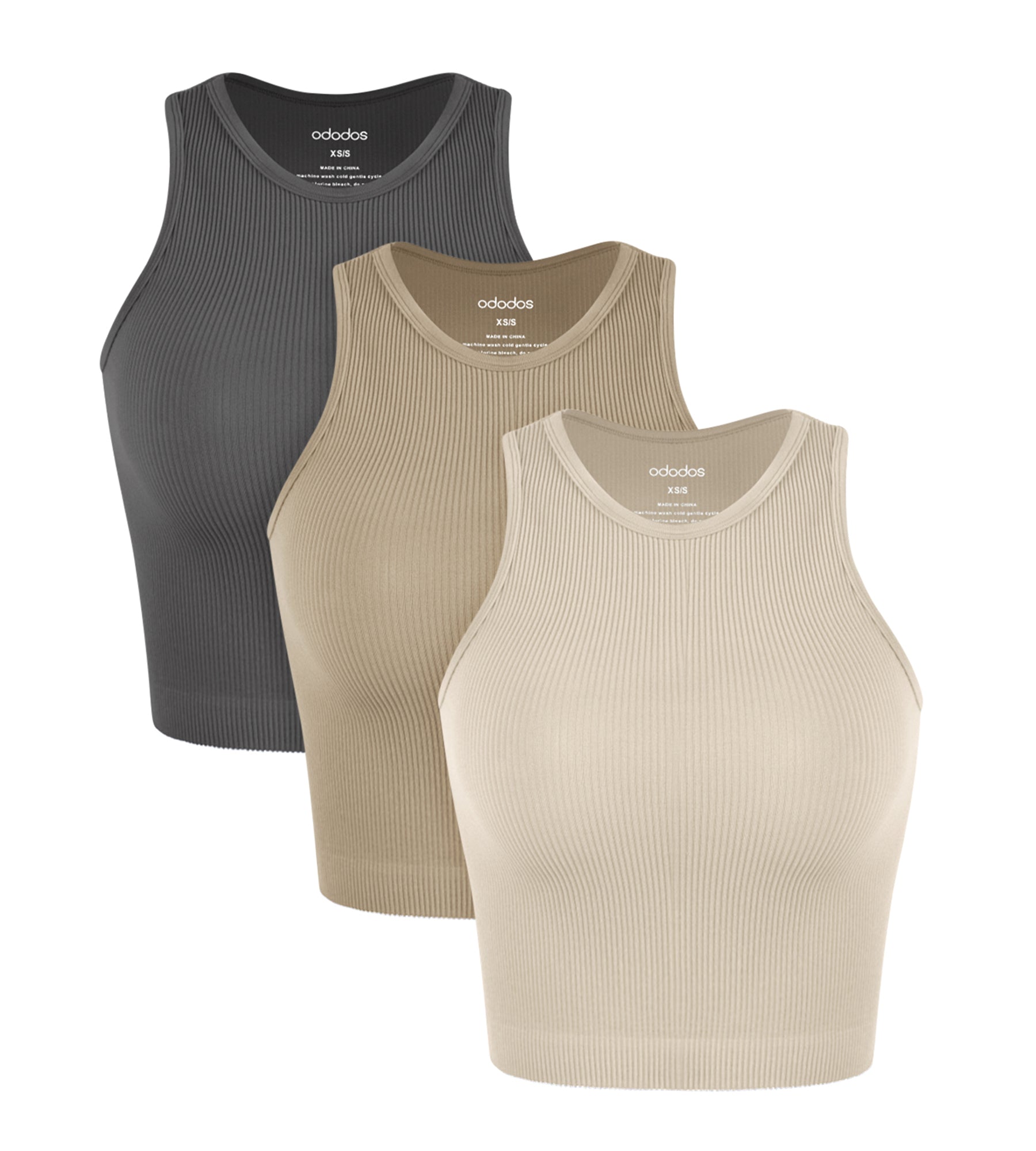 3-Pack Seamless Ribbed High Neck Tank Tops Mushroom+Taupe+Charcoal - ododos