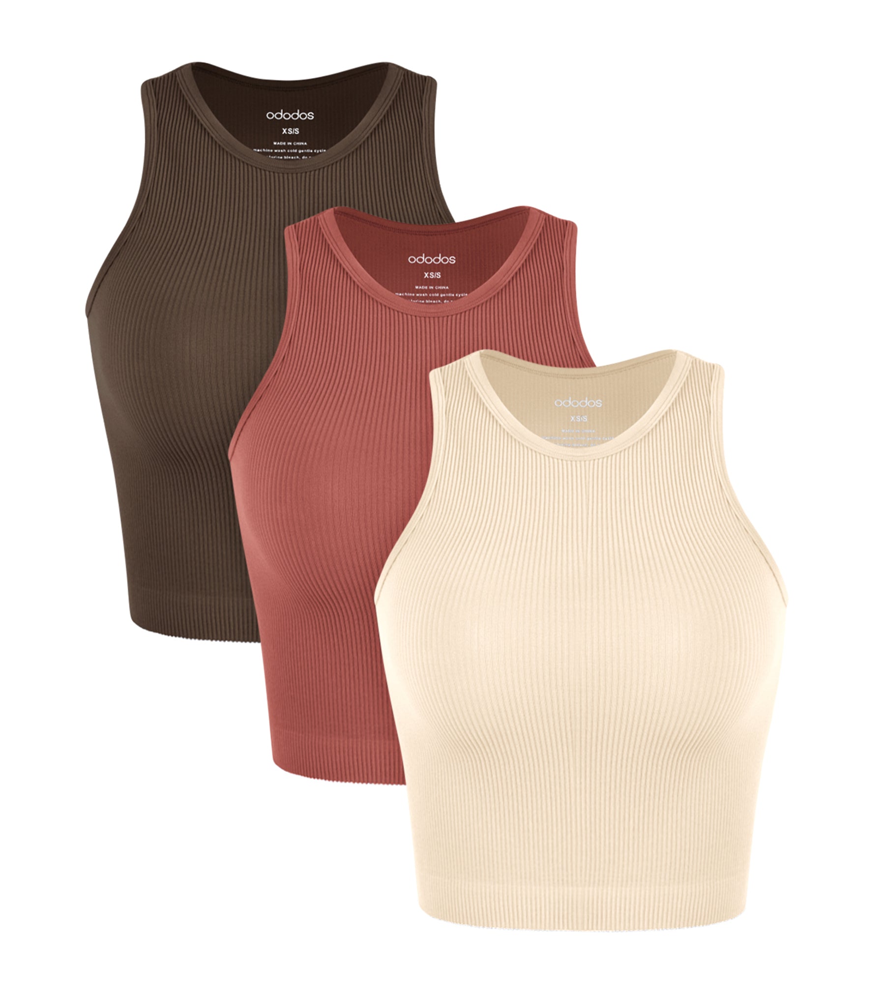 3-Pack Seamless Ribbed High Neck Tank Tops Oatmeal+Barn Red+Brunette - ododos