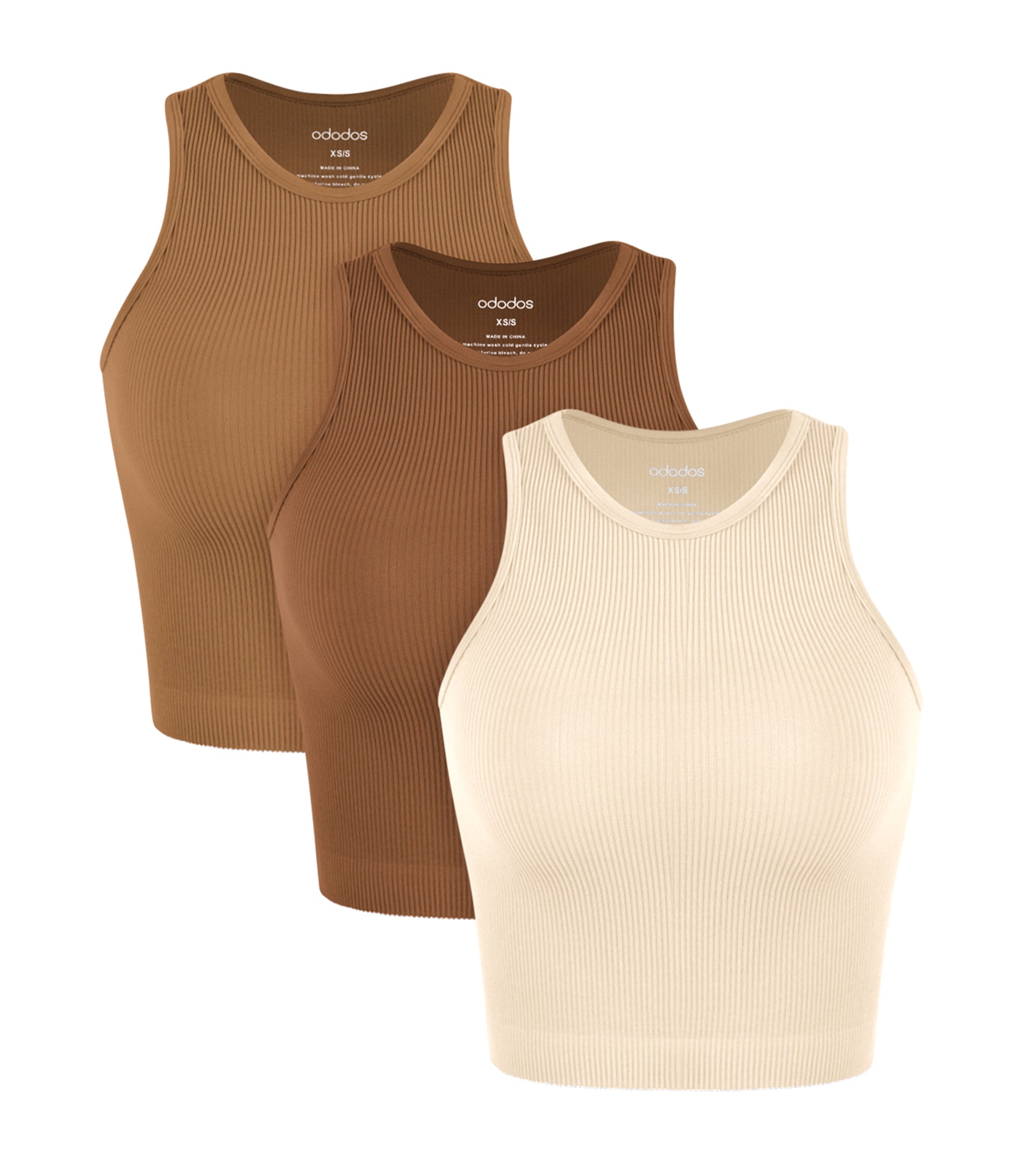 3-Pack Seamless Ribbed High Neck Tank Tops Ochre+Clay+Oatmeal - ododos