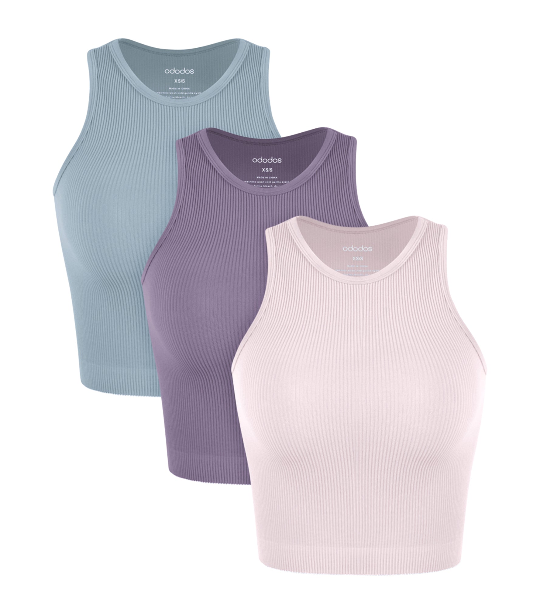 3-Pack Seamless Ribbed High Neck Tank Tops Pink Lace+Violet+Iceberg - ododos