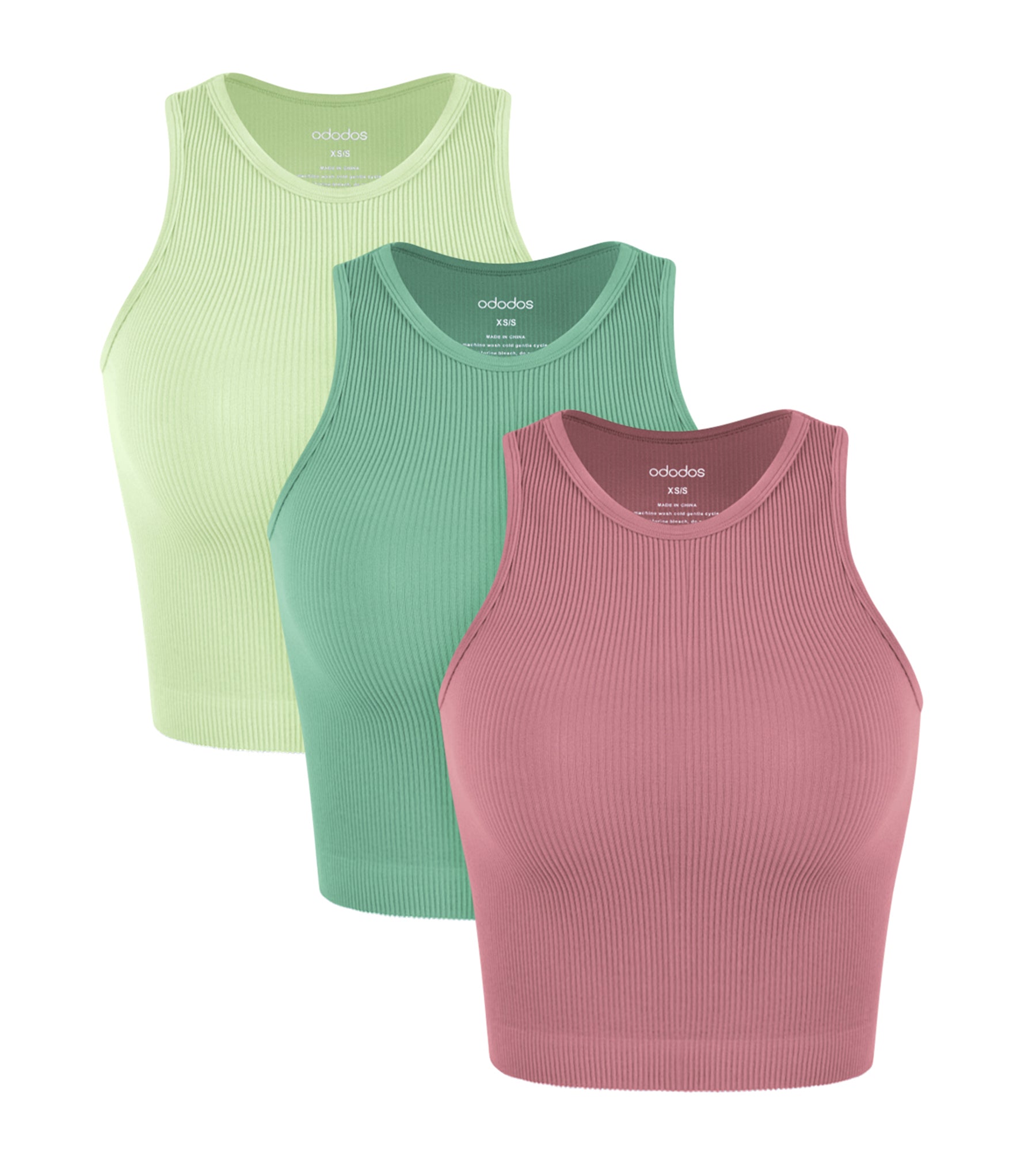 3-Pack Seamless Ribbed High Neck Tank Tops Watermelon+Emerald+Mint - ododos