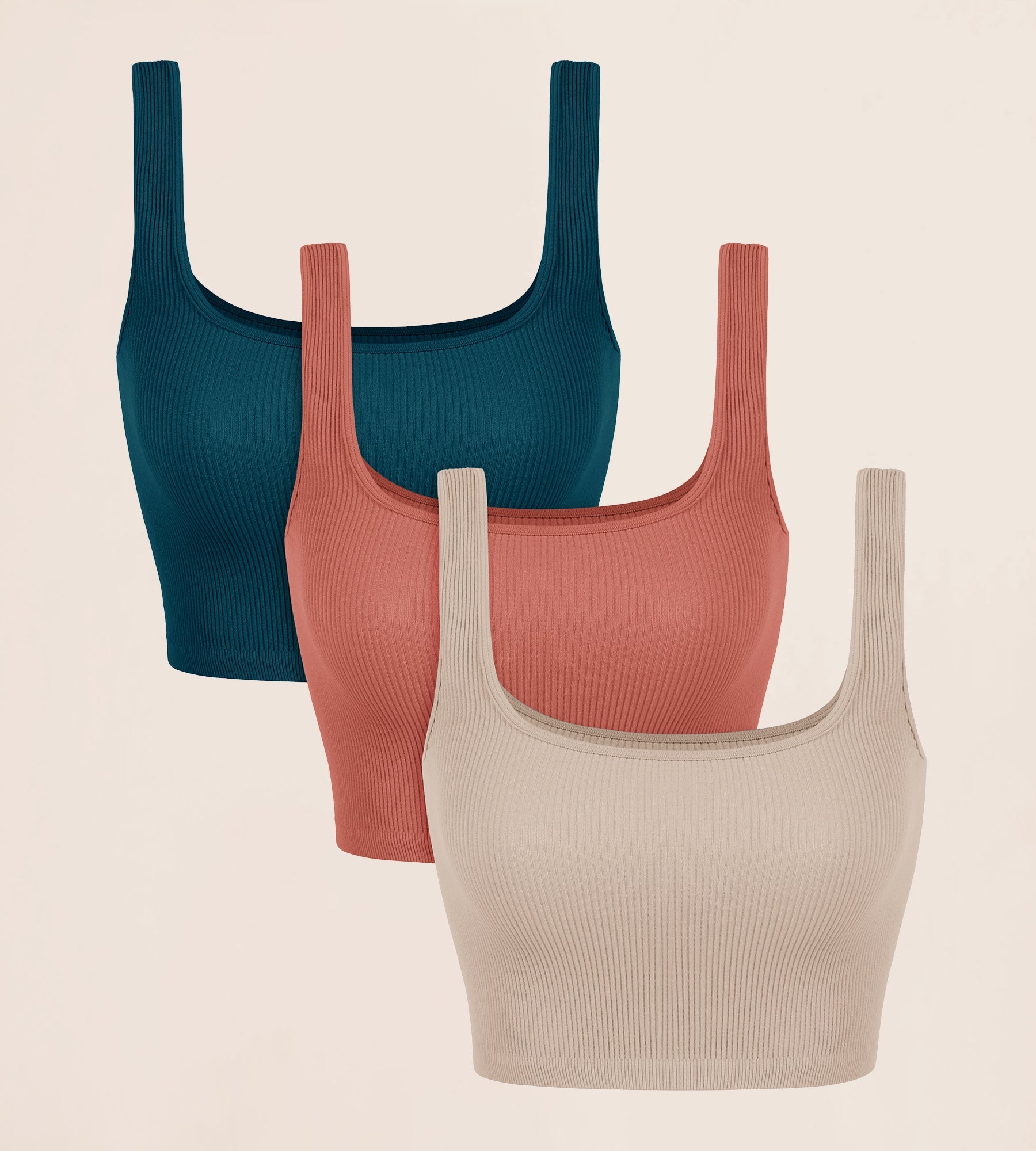3-Pack Crop Length Seamless Square Neck Ribbed Knit Tank Beige+Coral+Teal - ododos