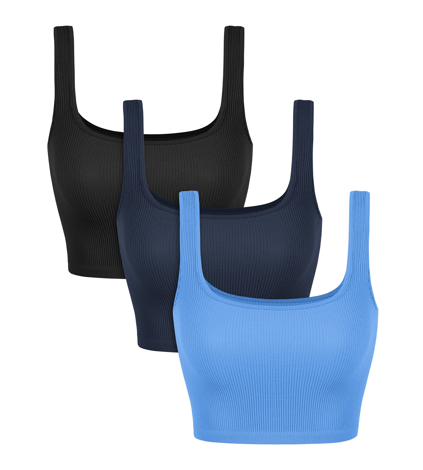 3-Pack Crop Length Seamless Square Neck Ribbed Knit Tank Black+navy+blue - ododos