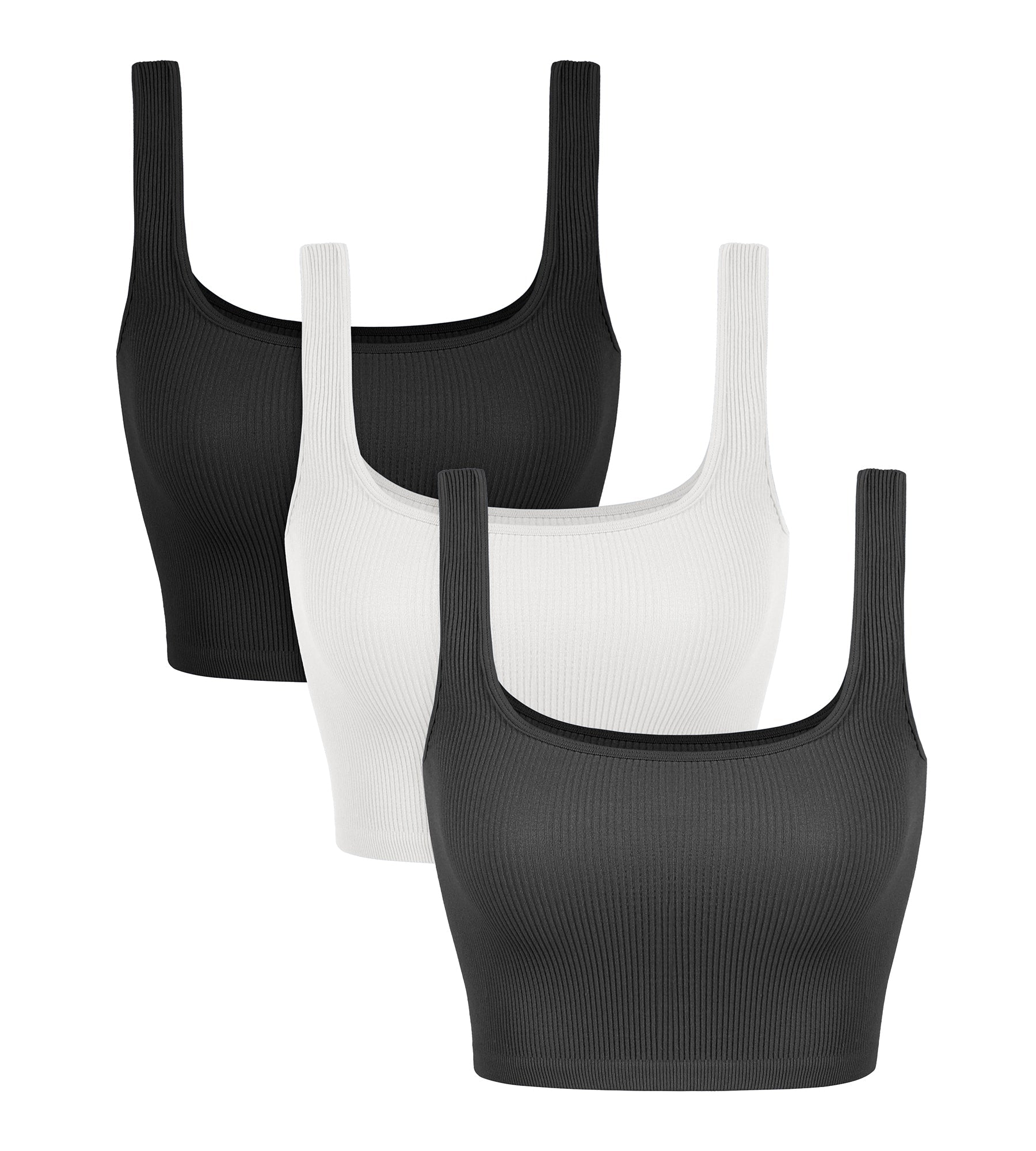 3-Pack Crop Length Seamless Square Neck Ribbed Knit Tank Black+white+charcoal - ododos