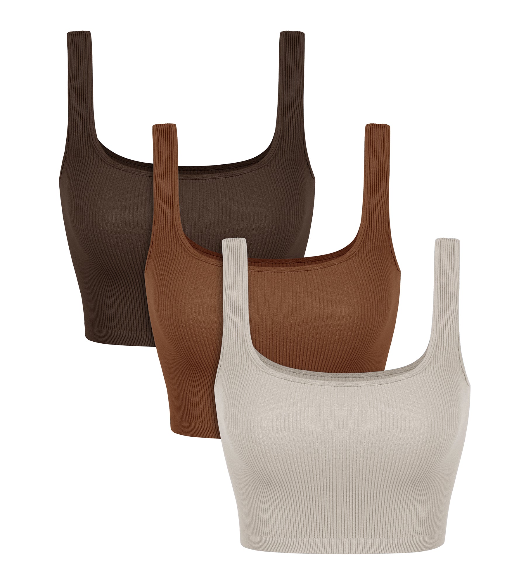 3-Pack Crop Length Seamless Square Neck Ribbed Knit Tank Brunette+Clay+Mushroom - ododos