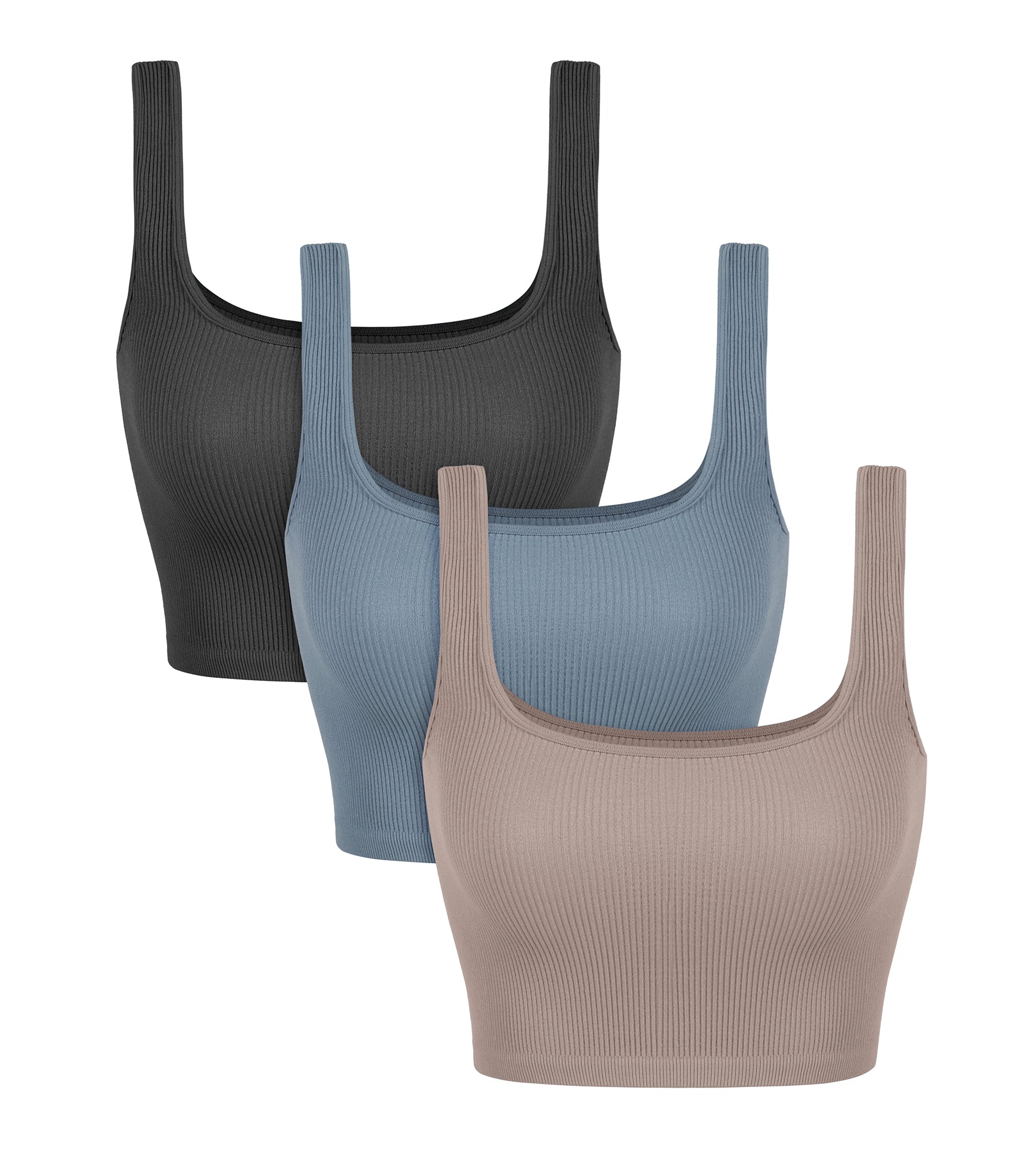 3-Pack Crop Length Seamless Square Neck Ribbed Knit Tank Charcoal+dusty Blue+bark - ododos