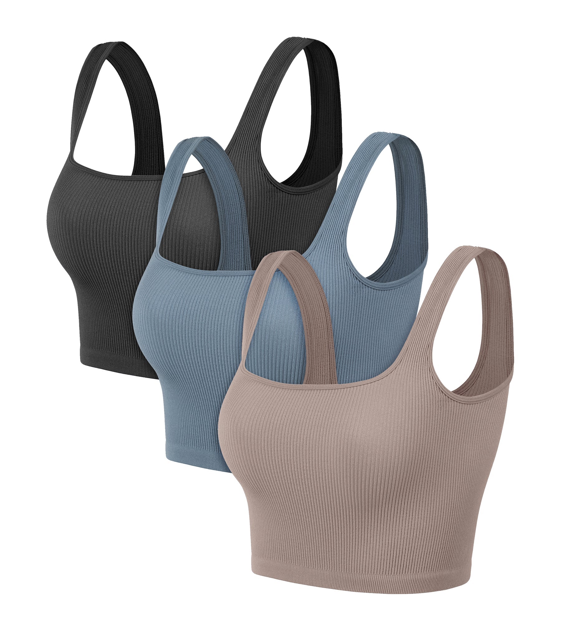 3-Pack Crop Length Seamless Square Neck Ribbed Knit Tank - ododos