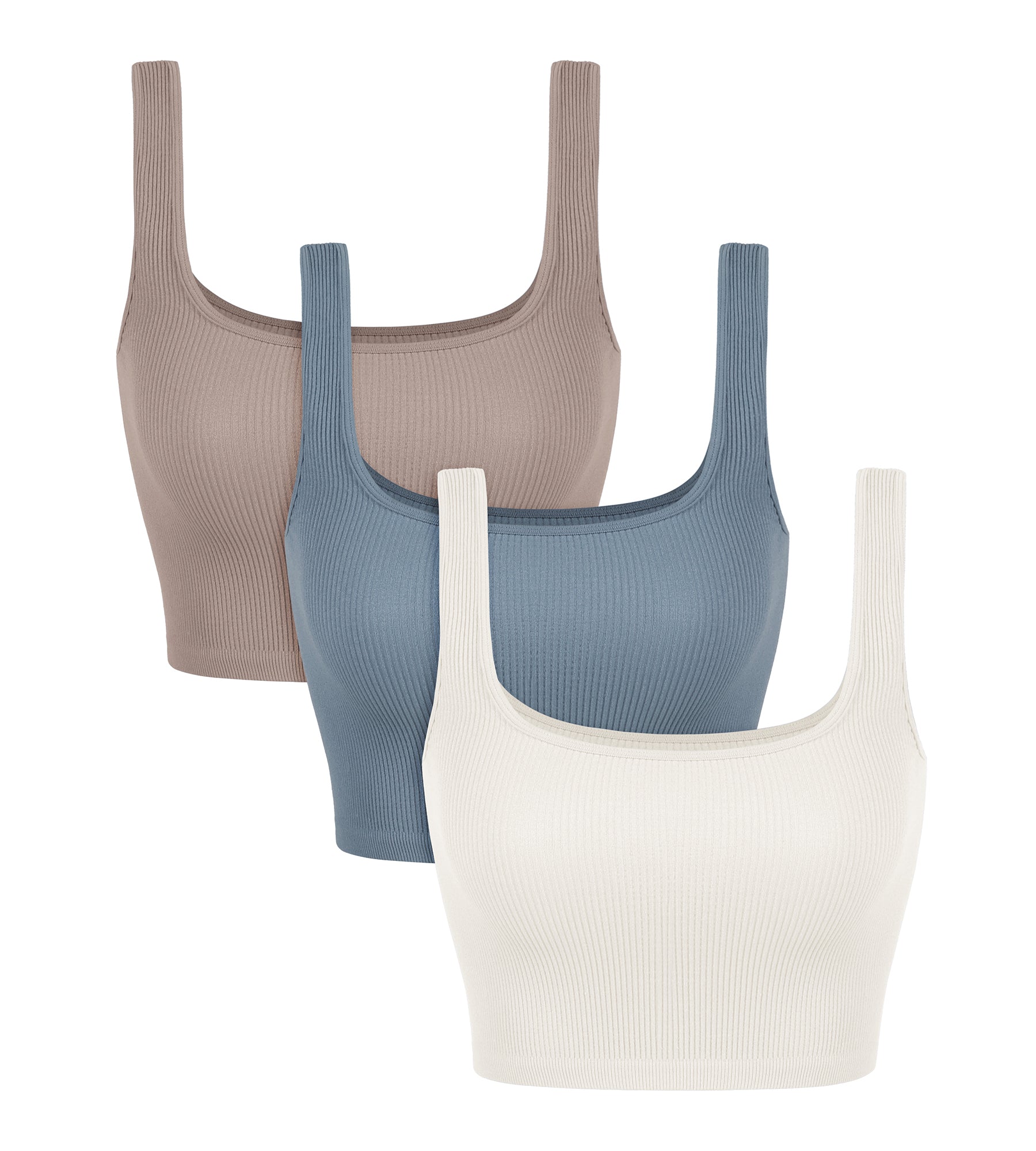 3-Pack Crop Length Seamless Square Neck Ribbed Knit Tank Ivory+Dusty Blue+Sphinx - ododos