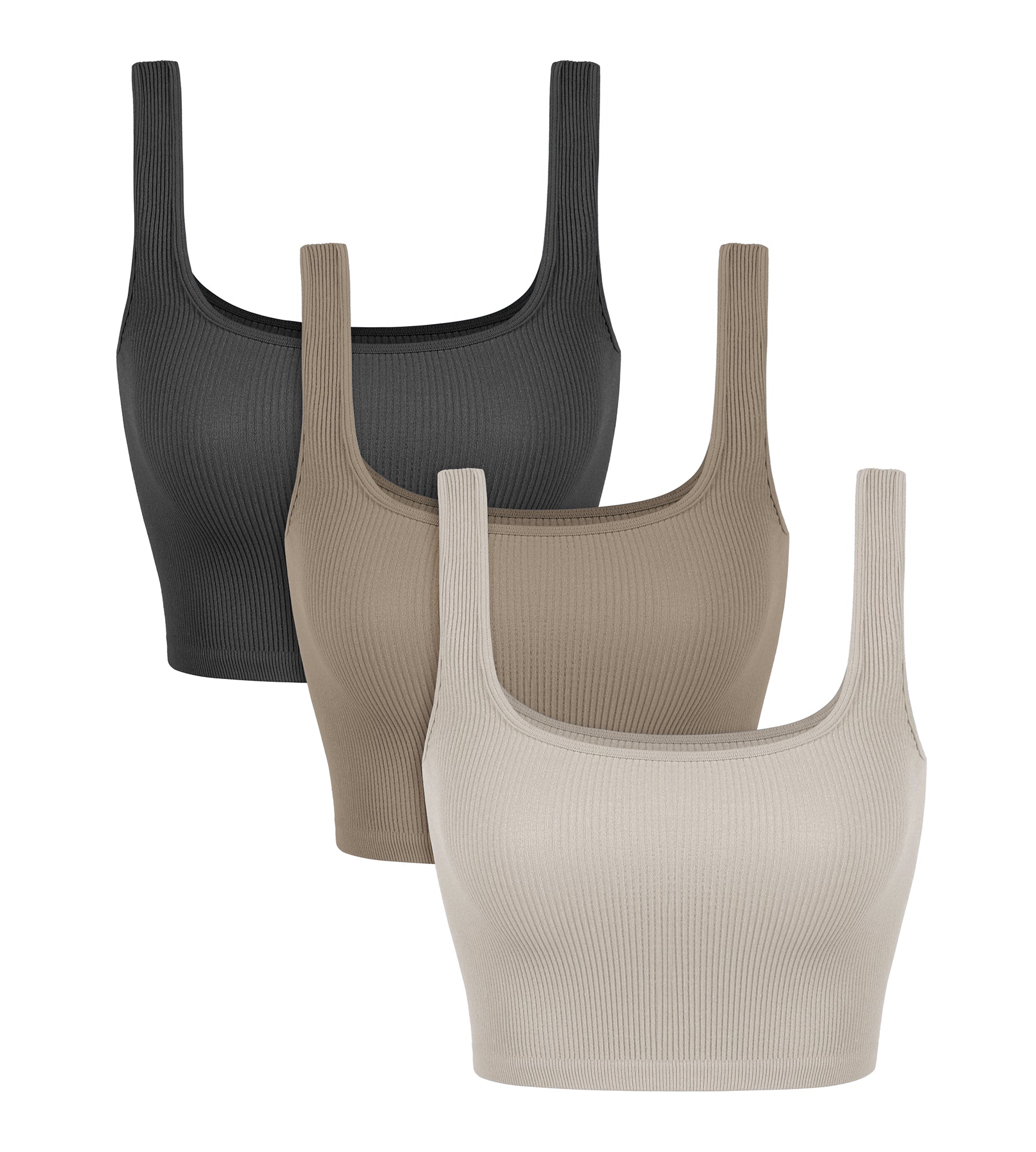 3-Pack Crop Length Seamless Square Neck Ribbed Knit Tank Mushroom+Taupe+Charcoal - ododos
