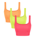 3-Pack Crop Length Seamless Square Neck Ribbed Knit Tank Neon Pink+green+orange - ododos