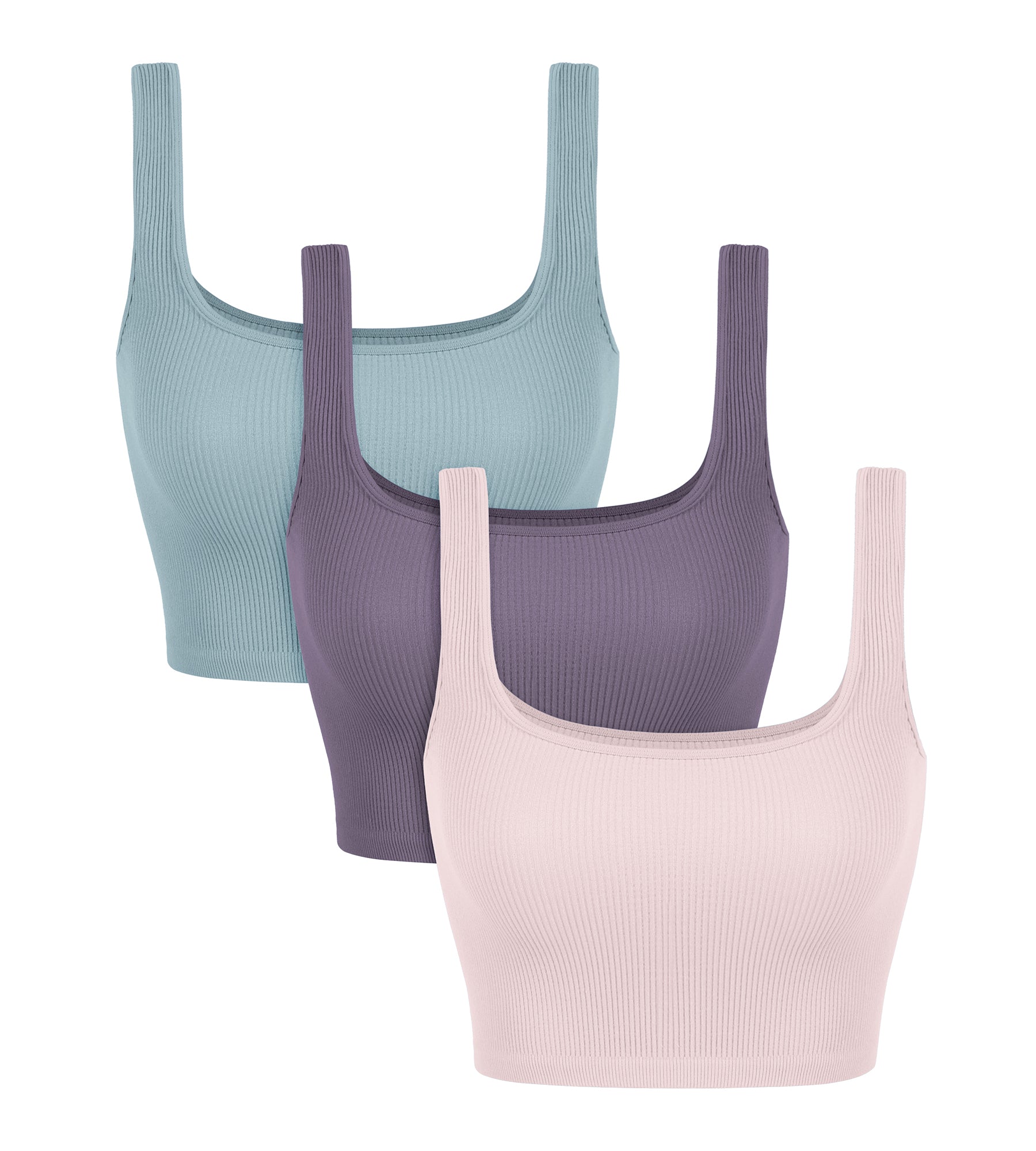 3-Pack Crop Length Seamless Square Neck Ribbed Knit Tank Violet+iceberg+pink Lace - ododos