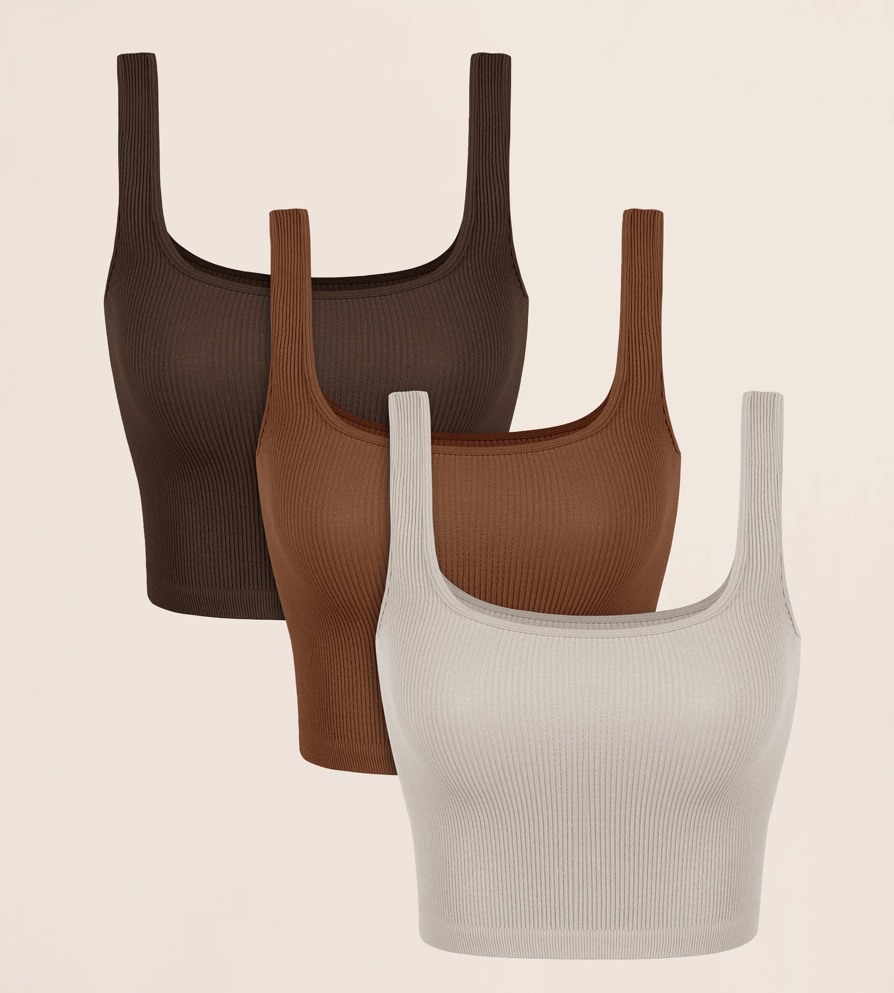 3-Pack Long Crop Length Seamless Square Neck Ribbed Knit Tank Brunette+Clay+Mushroom - ododos