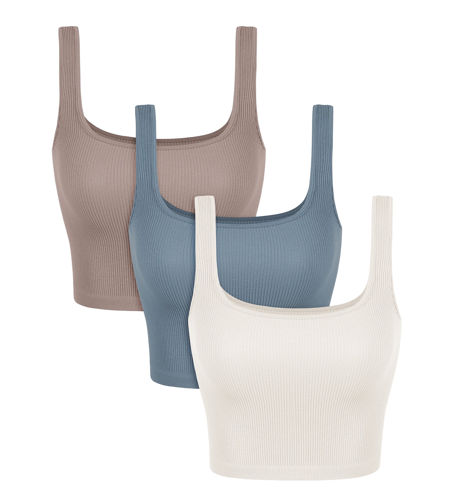 3-Pack Long Crop Length Seamless Square Neck Ribbed Knit Tank Ivory+Dusty Blue+Sphinx - ododos