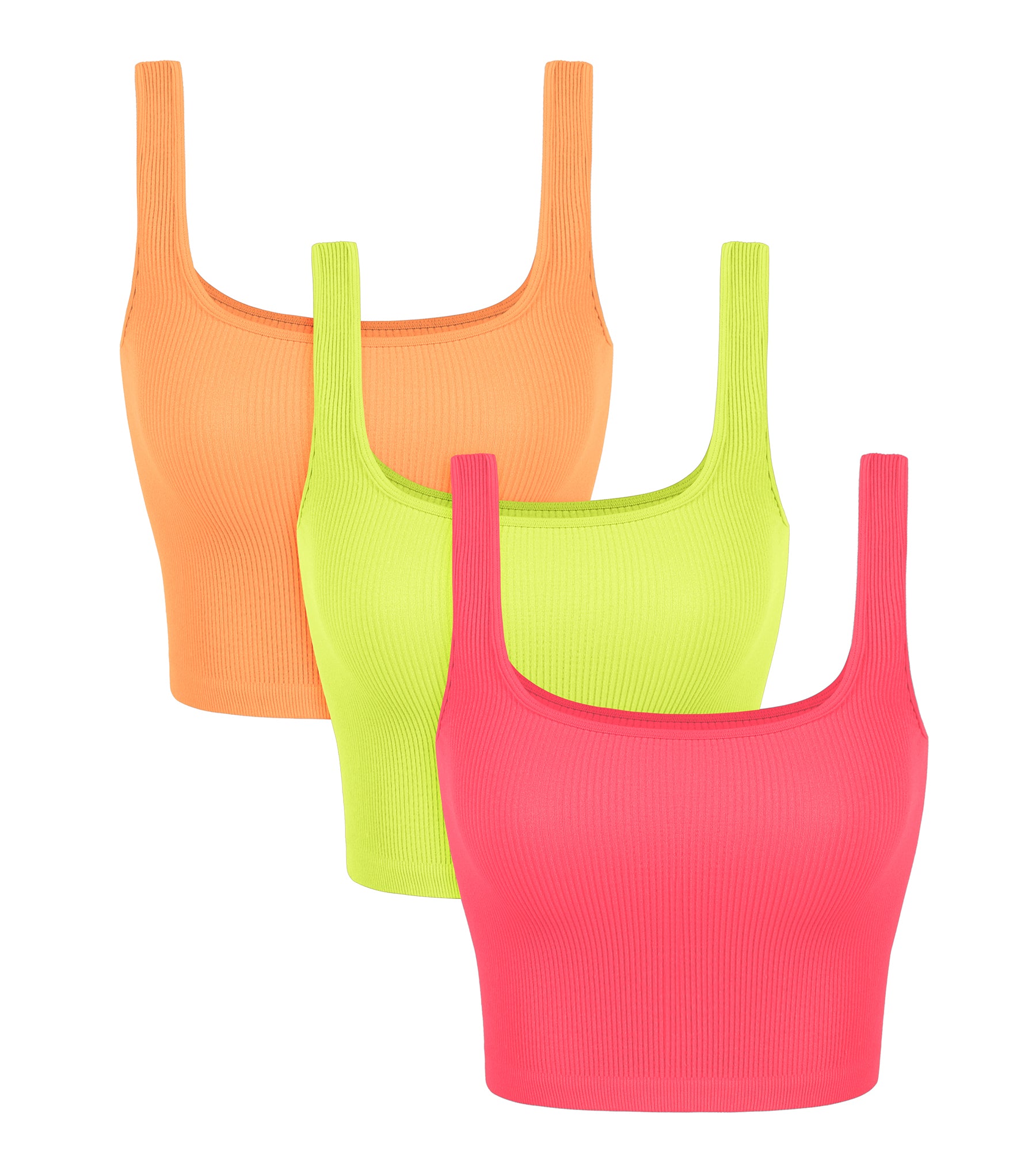 3-Pack Long Crop Length Seamless Square Neck Ribbed Knit Tank Neon Pink+green+orange - ododos