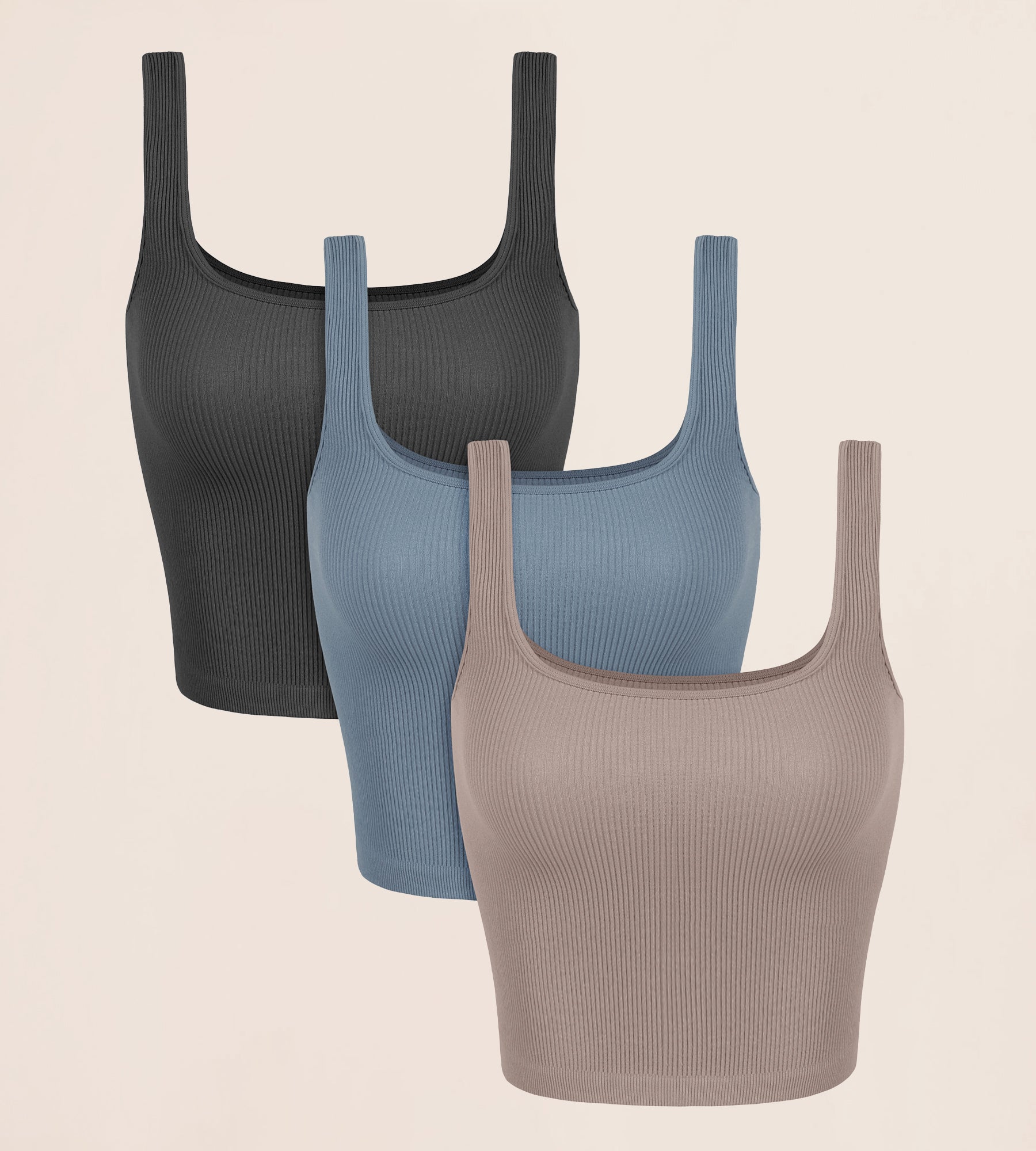 3-Pack Waist Length Seamless Square Neck Ribbed Knit Tank Charcoal+dusty Blue+bark - ododos