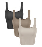 3-Pack Waist Length Seamless Square Neck Ribbed Knit Tank Mushroom+Taupe+Charcoal - ododos