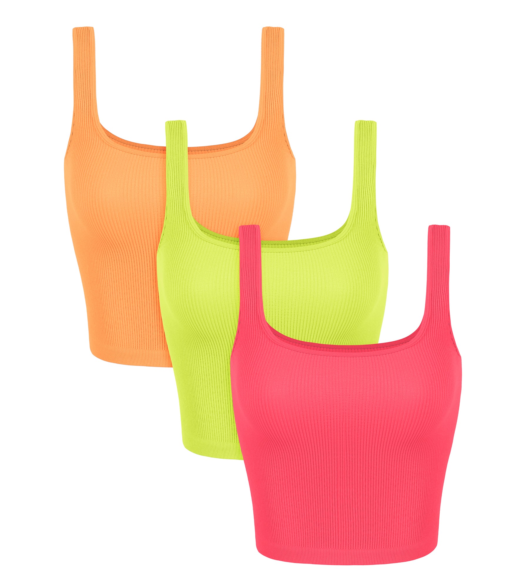 3-Pack Waist Length Seamless Square Neck Ribbed Knit Tank Neon Pink+green+orange - ododos