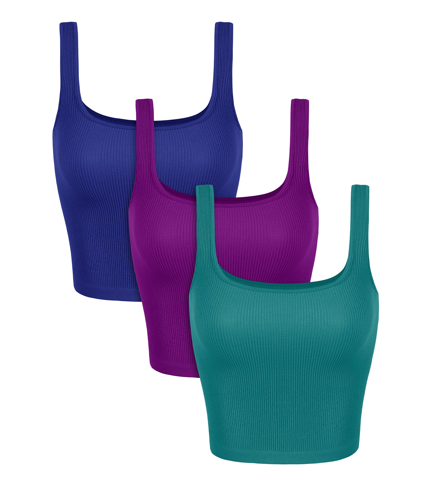 3-Pack Waist Length Seamless Square Neck Ribbed Knit Tank Phlox+sea Green+lapis - ododos