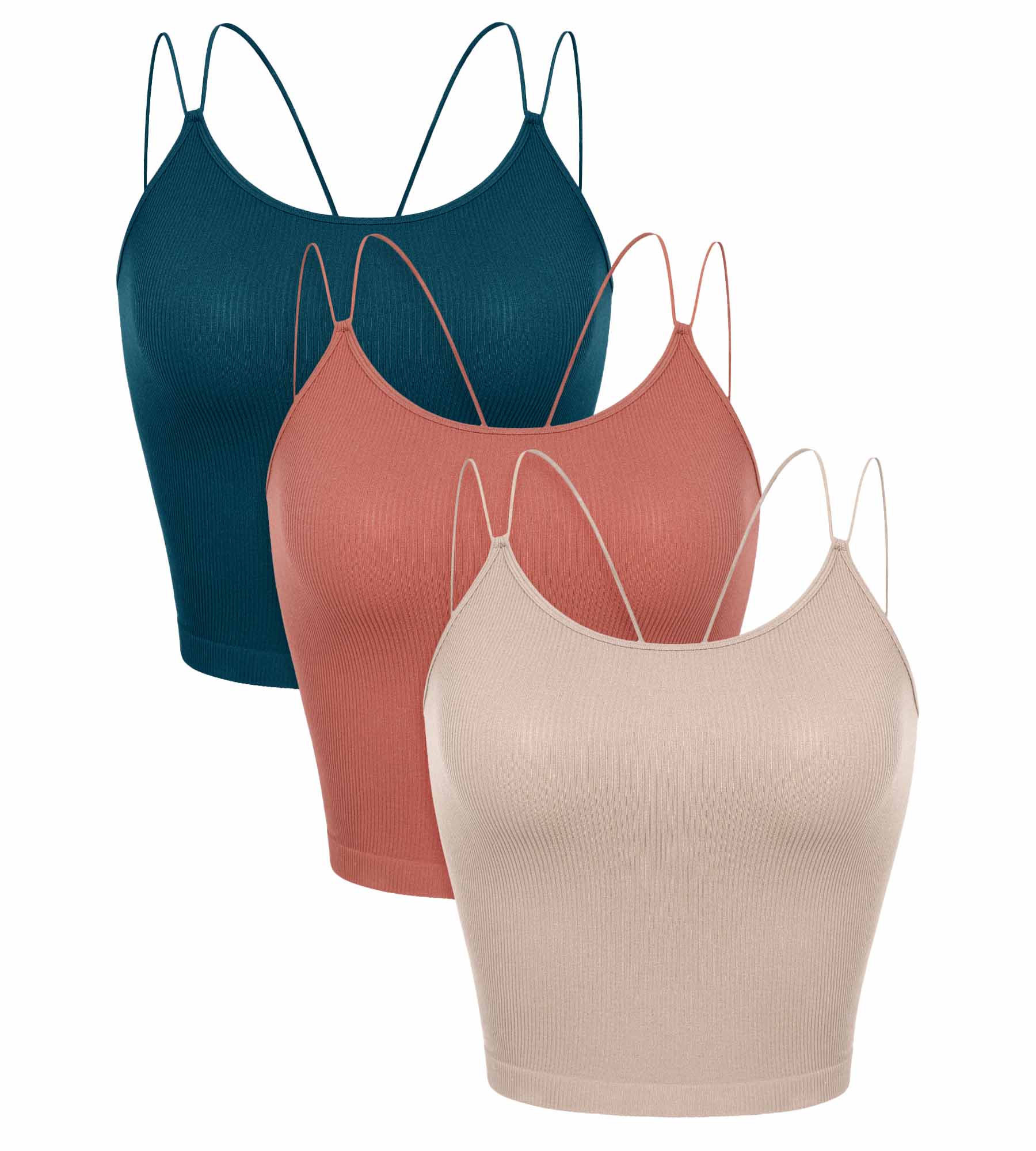 3 Pack Seamless Double Straps Cropped Ribbed Camisole Beige+Coral+Teal - ododos