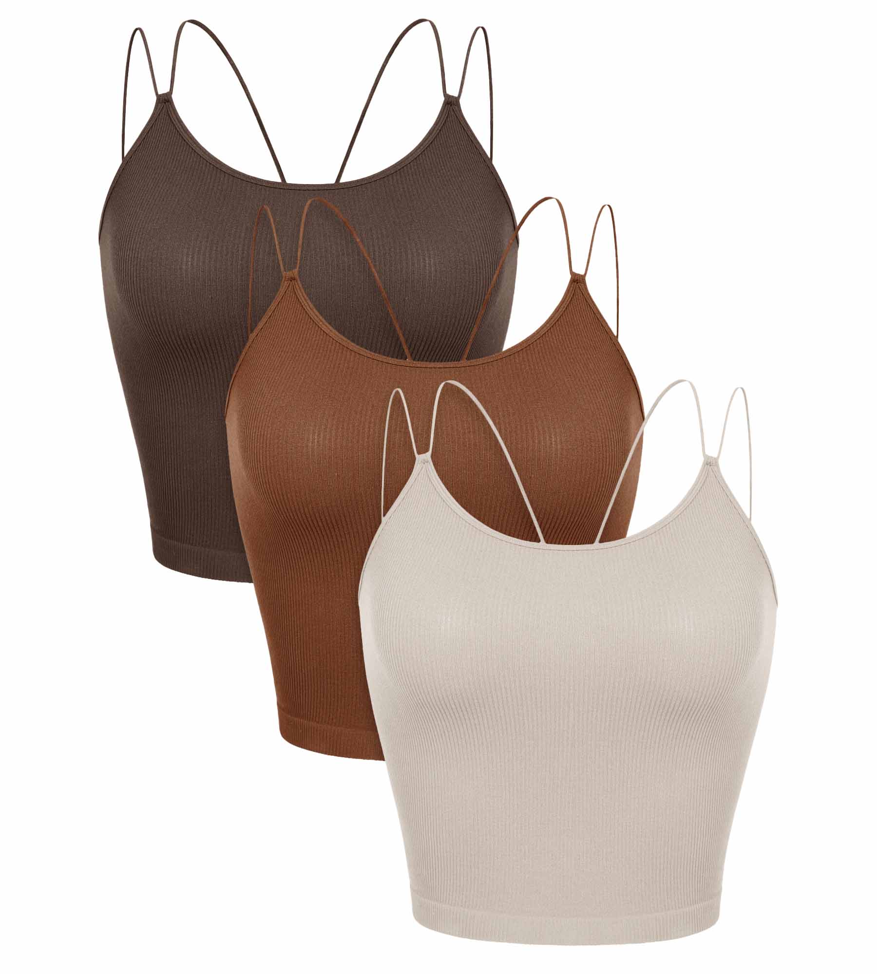 3 Pack Seamless Double Straps Cropped Ribbed Camisole Brunette+Clay+Mushroom - ododos