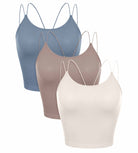 3 Pack Seamless Double Straps Cropped Ribbed Camisole Ivory+Dusty Blue+Sphinx - ododos