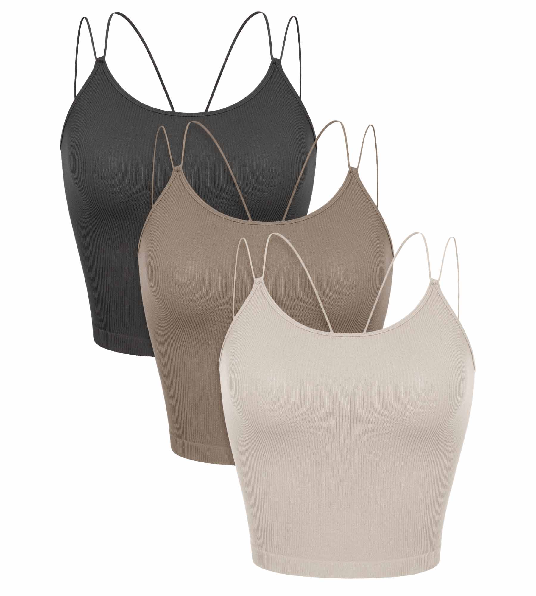 3 Pack Seamless Double Straps Cropped Ribbed Camisole Mushroom+Taupe+Charcoal - ododos