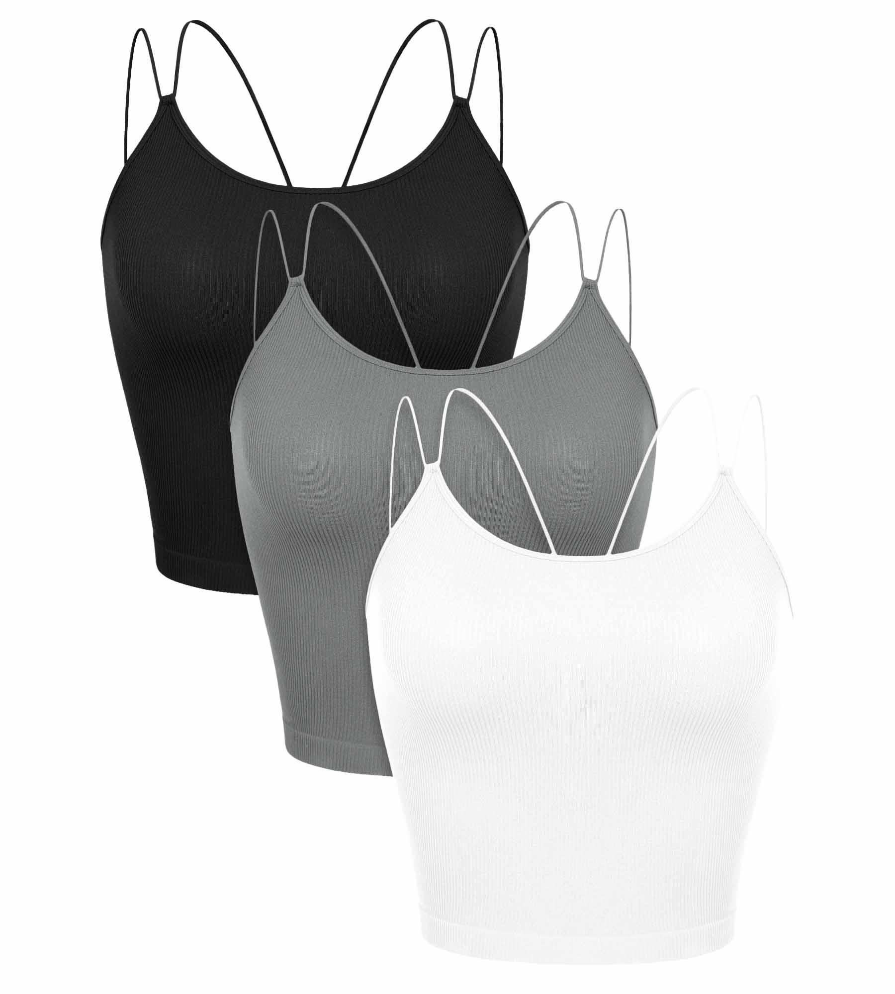 3 Pack Seamless Double Straps Cropped Ribbed Camisole White+Gray+Black - ododos