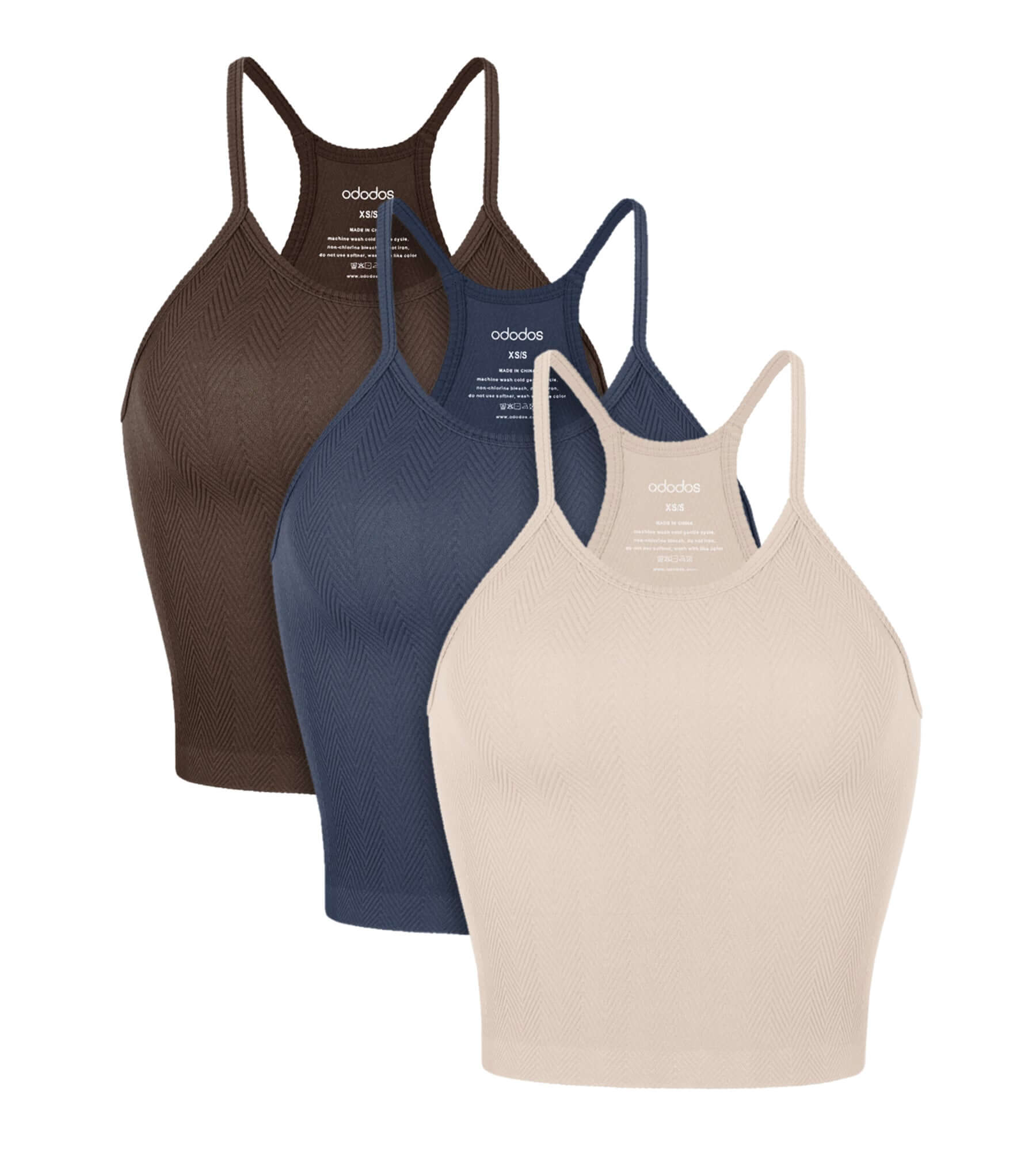 3-Pack Long Crop Length Herringbone Knit Seamless Soft Camisole Tank Tops Brunette+navy+beige - ododos