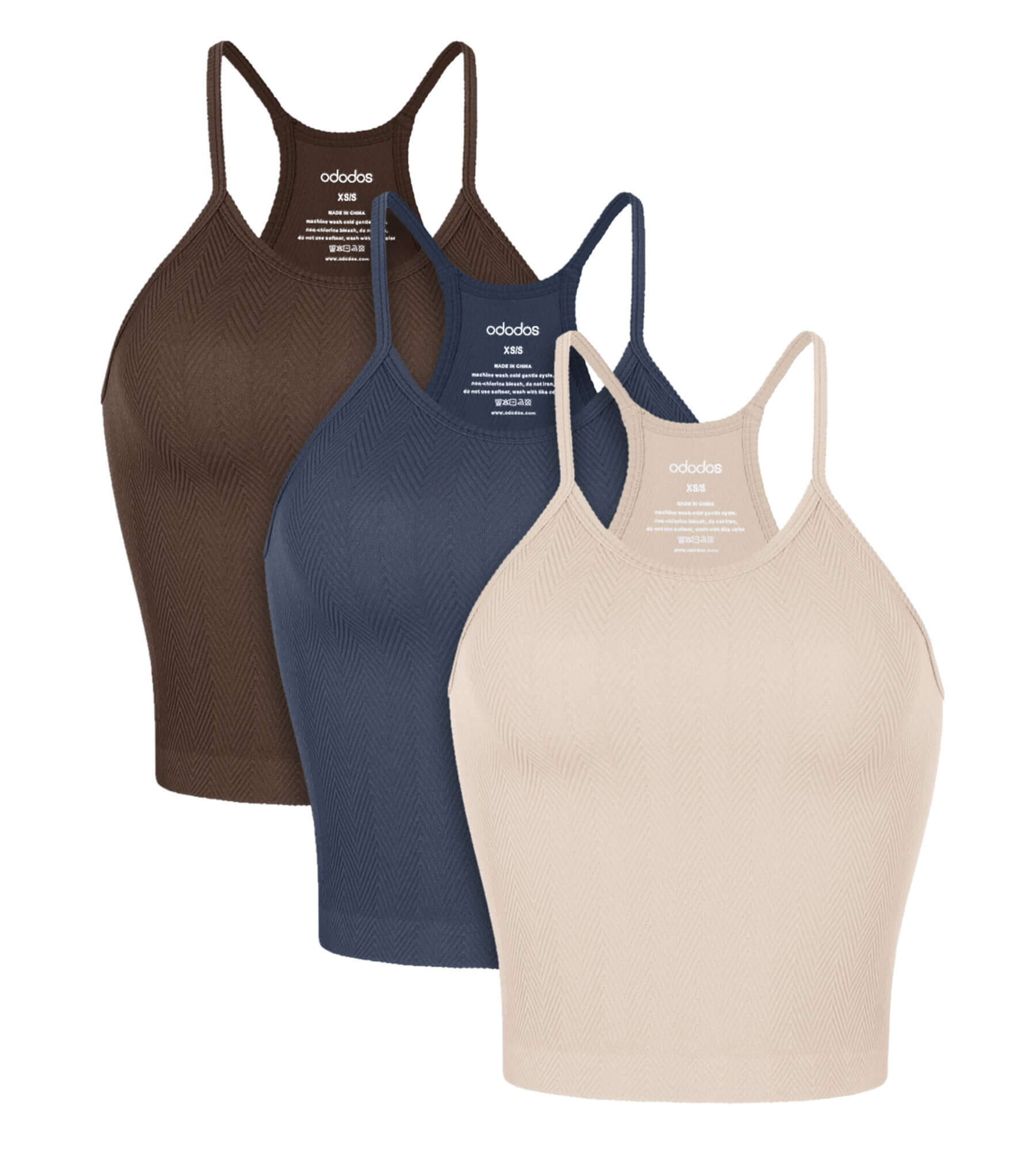 3-Pack Waist Length Herringbone Knit Seamless Soft Camisole Tank Tops Brunette+navy+beige - ododos