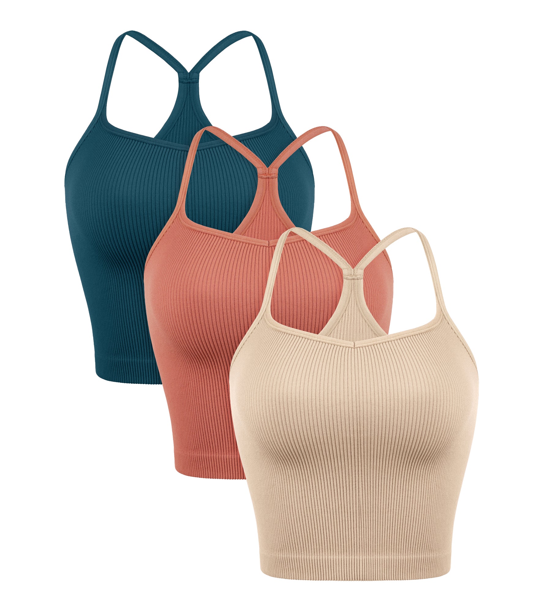 3-Pack Seamless Sweetheart Neck Crop Tank Tops Beige+Coral+Teal - ododos