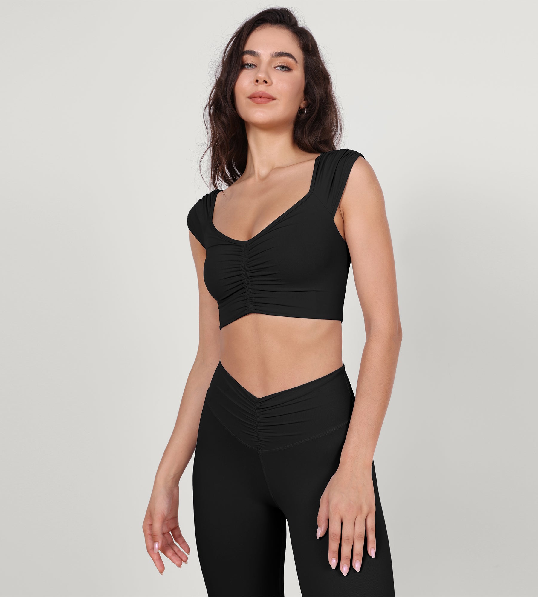 V-Neck Ruched Front Crop Tank Black - ododos