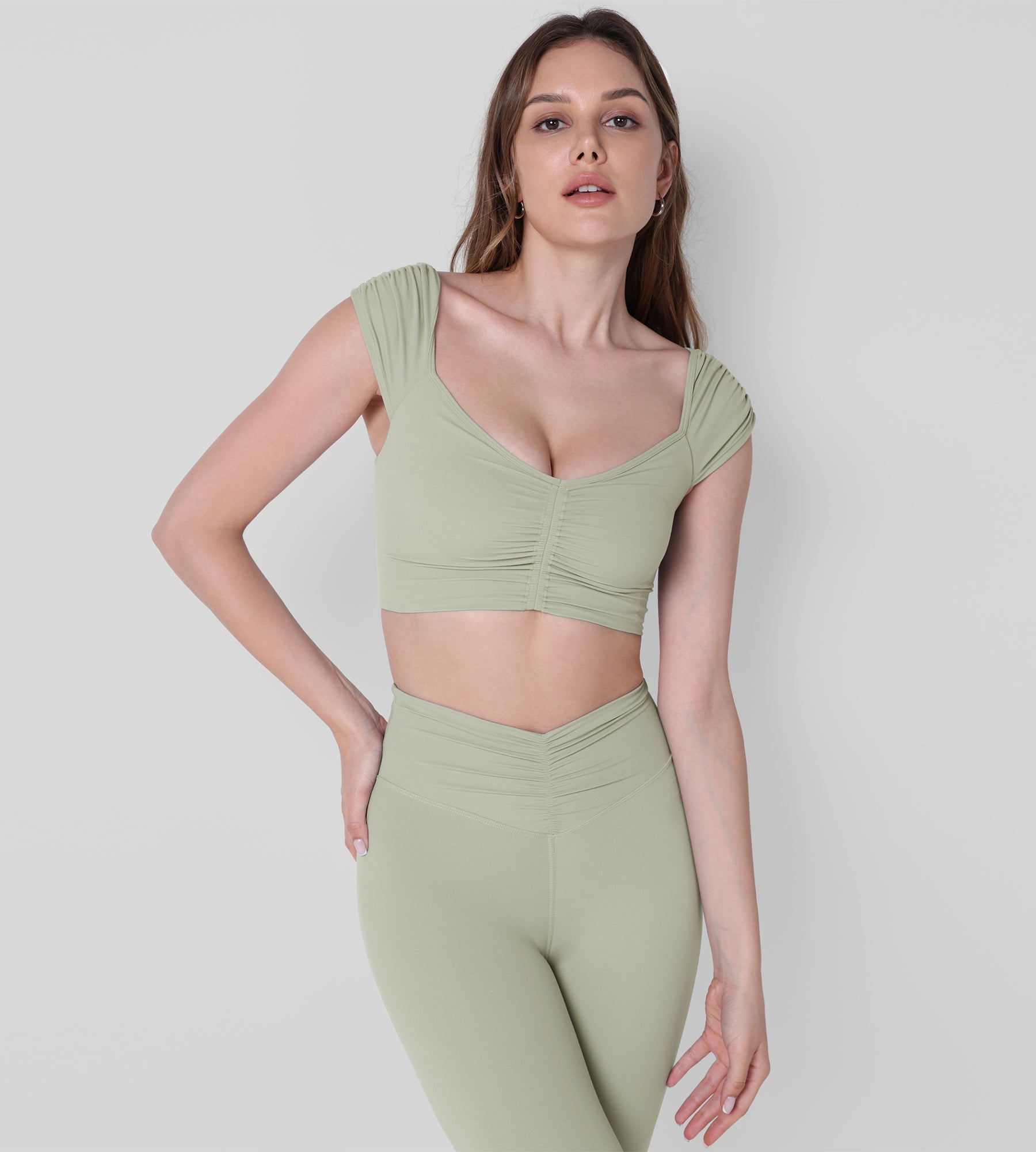 V-Neck Ruched Front Crop Tank Lime Stone - ododos