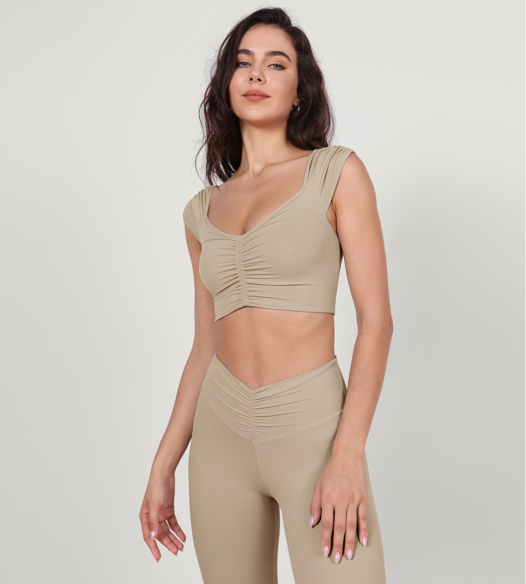 V-Neck Ruched Front Crop Tank Shaker Beige - ododos